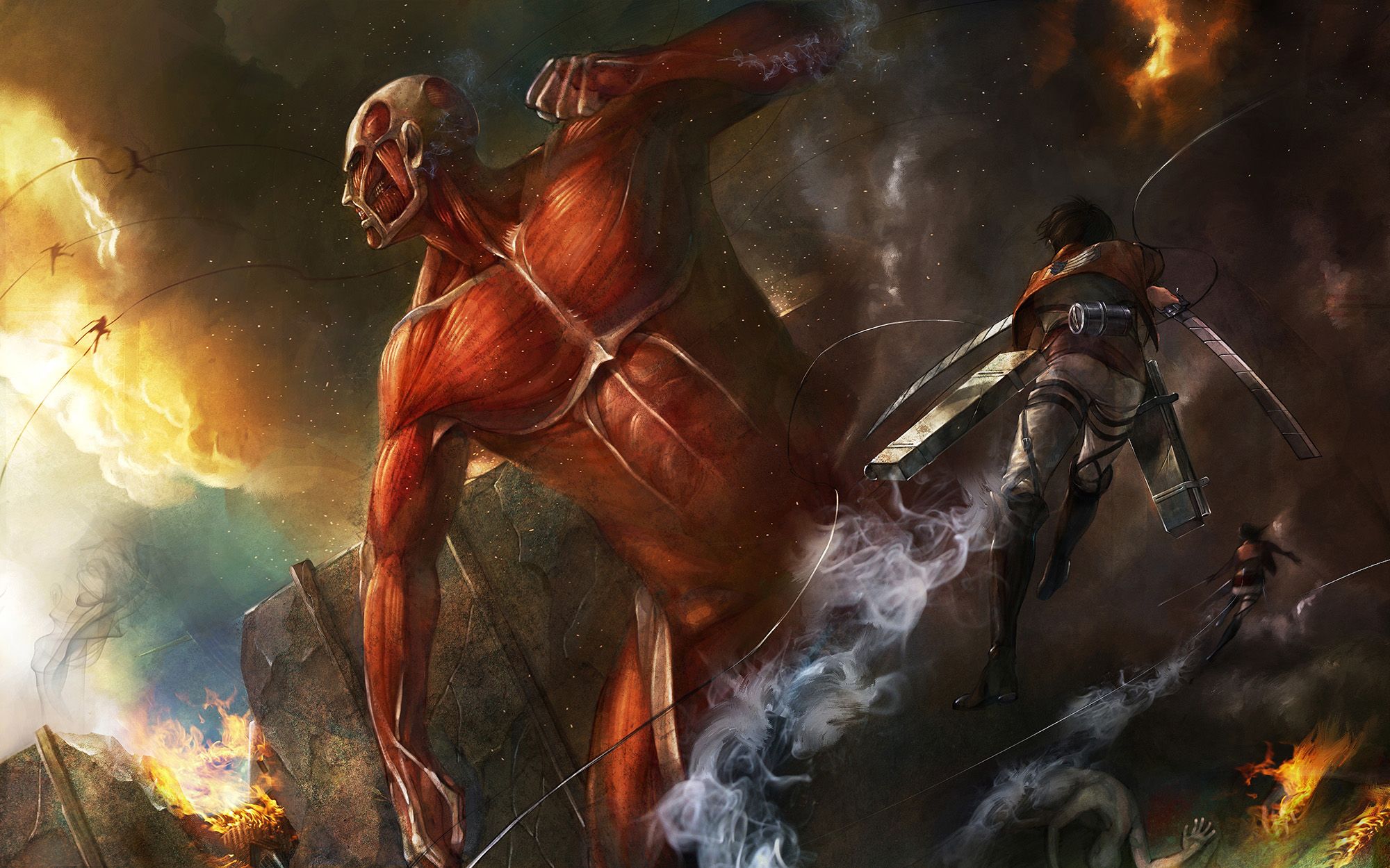 Eren Jaeger, swords, anime, Shingeki no Kyojin, Attack on Titan, Colossal Titan wallpaper