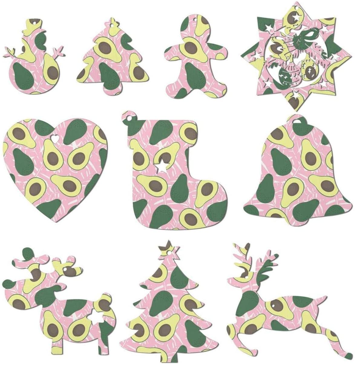 Set Of 10 Pieces Avocado Cute Nature Pink Background Christmas Ornaments Christmas Hanging Decoration Include Snowman Christmas Tree Reindeer and Angel for Xmas Tree Holiday Wedding Party: Kitchen & Dining
