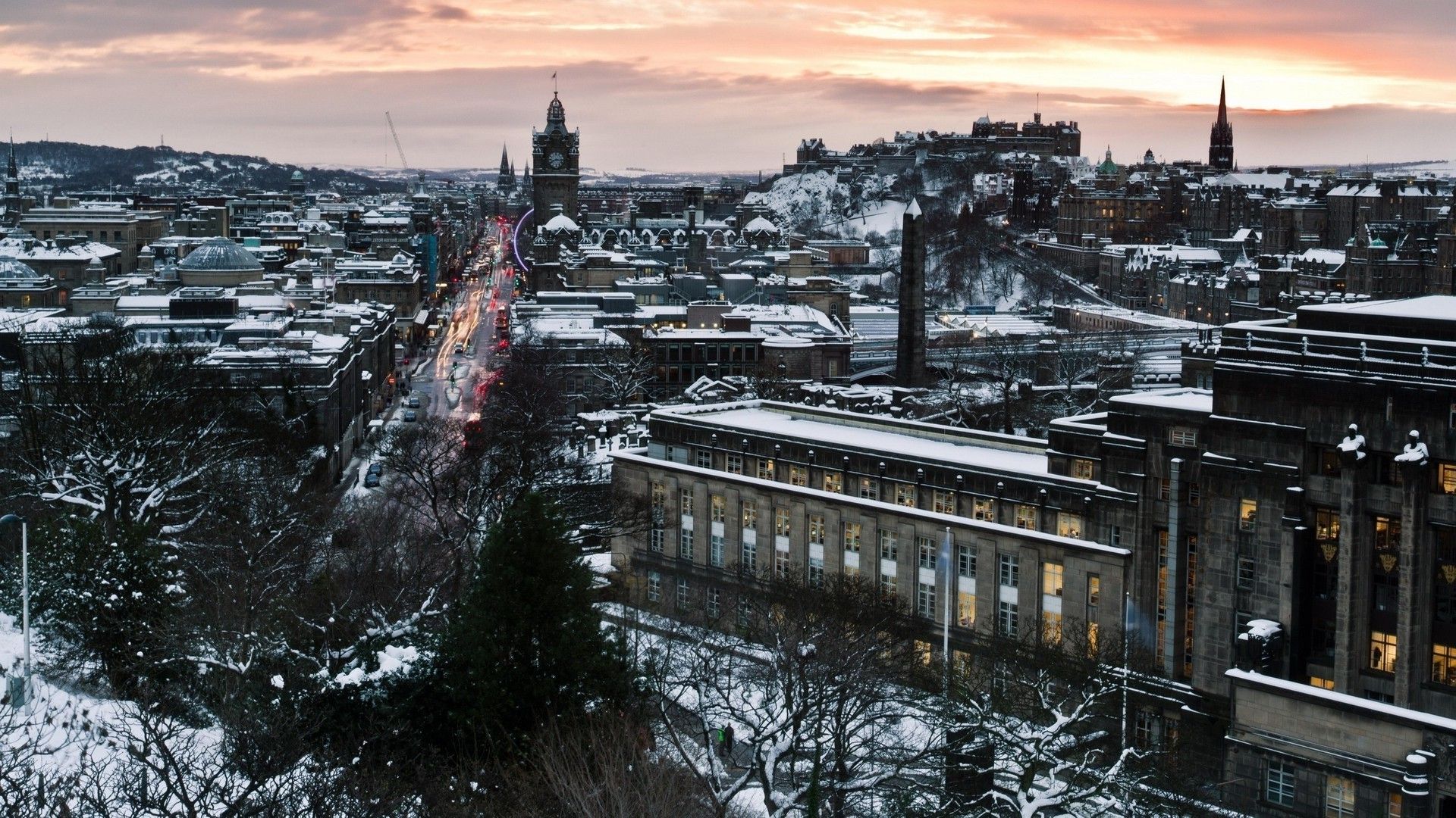 city, Winter, Snow, Building, Architecture, Edinburgh, Scotland, UK, Trees Wallpaper HD / Desktop and Mobile Background