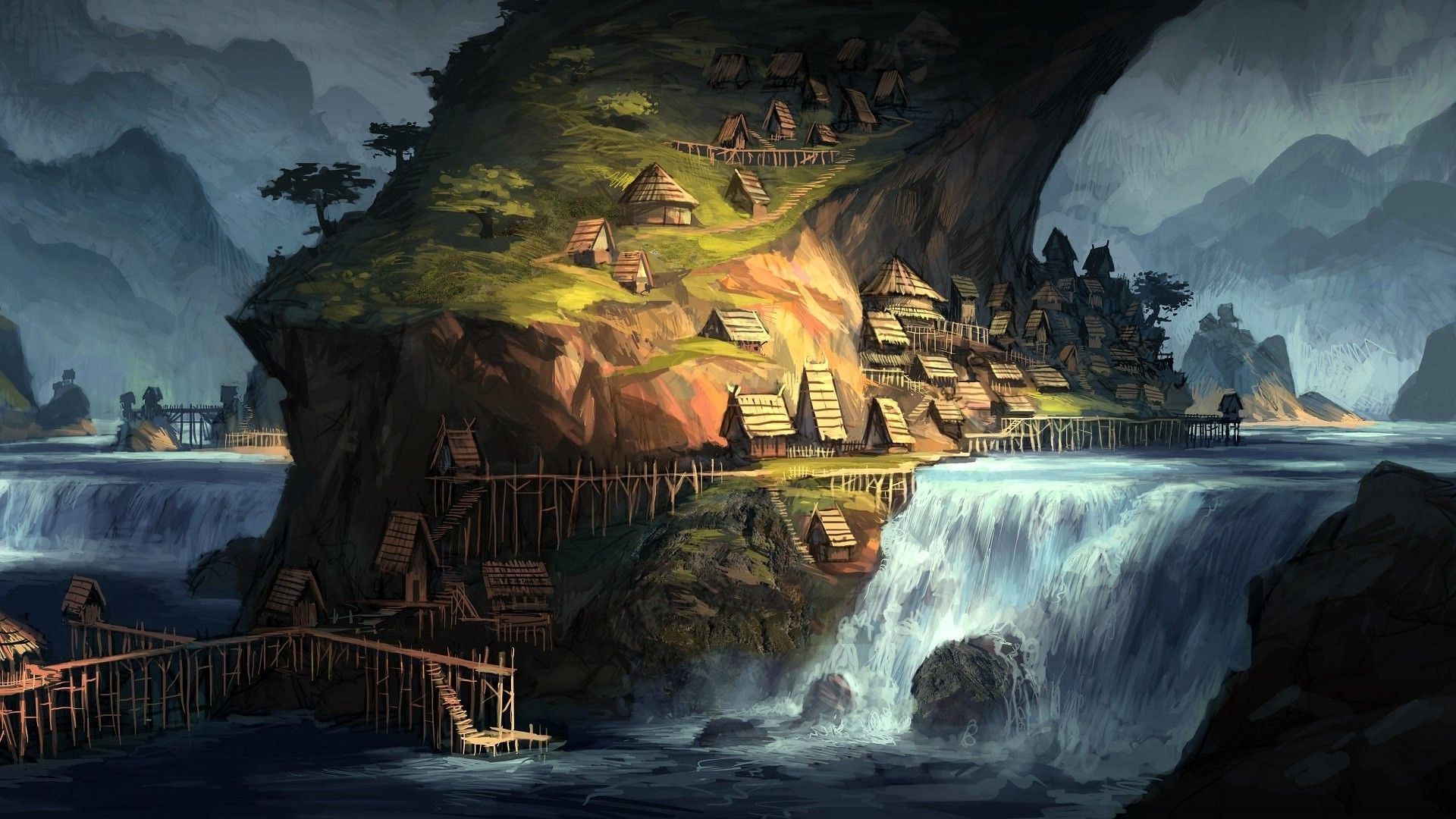 artwork, Fantasy Art, Village, Villages, House, Waterfall, River. Fantasy art landscapes, Digital art fantasy, Waterfall wallpaper