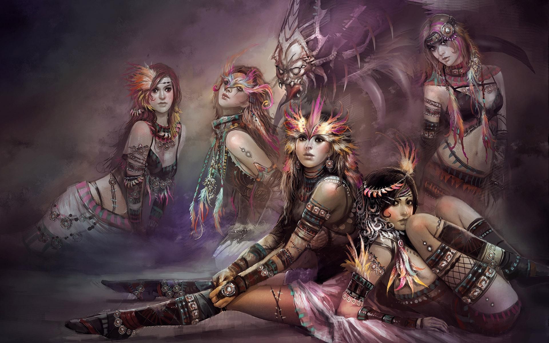 Wallpaper Five fantasy girls and monster 1920x1200 HD Picture, Image