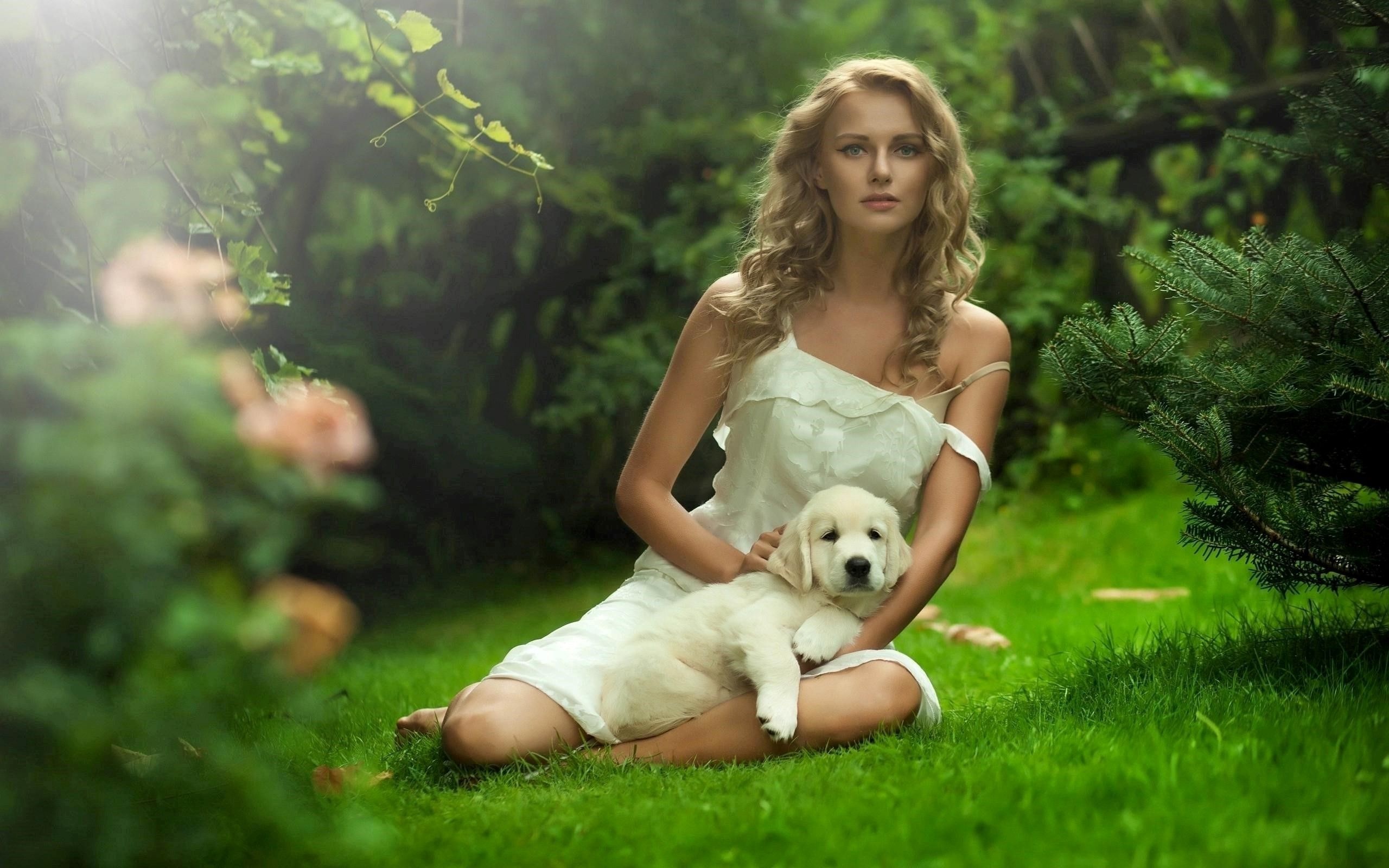 Hot Girl with Puppy in Garden