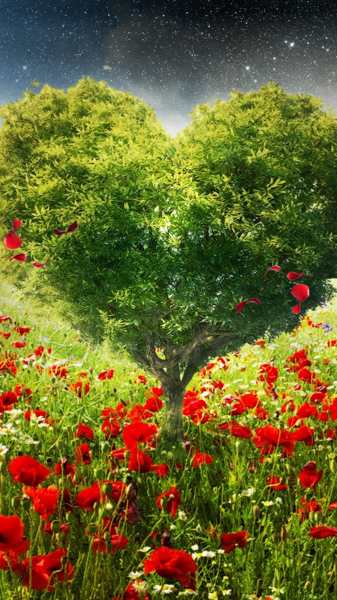 Free Green Heart Tree Poppies HD Wallpaper for Desktop and Mobiles iPhone 6 / 6S Plus