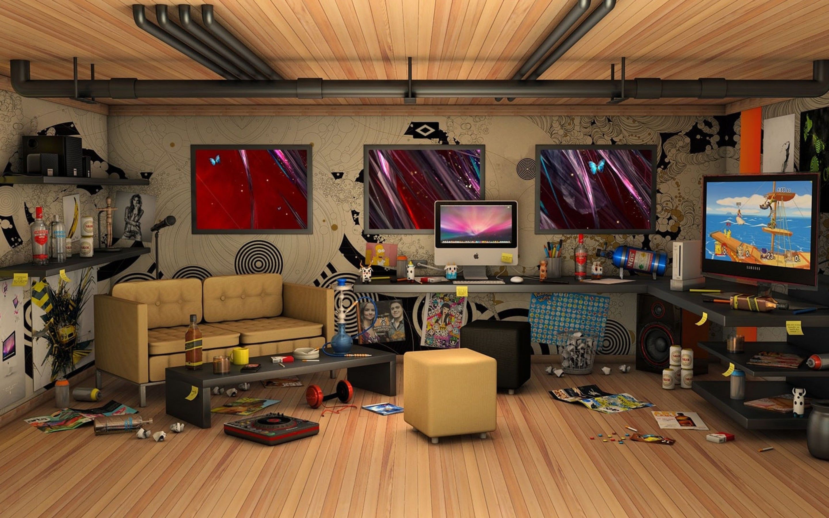 3D Messy Living Room IMac Computer Wallpaper. Frenzia.com. Обои для комнаты, Интерьер, Обои для компьютера