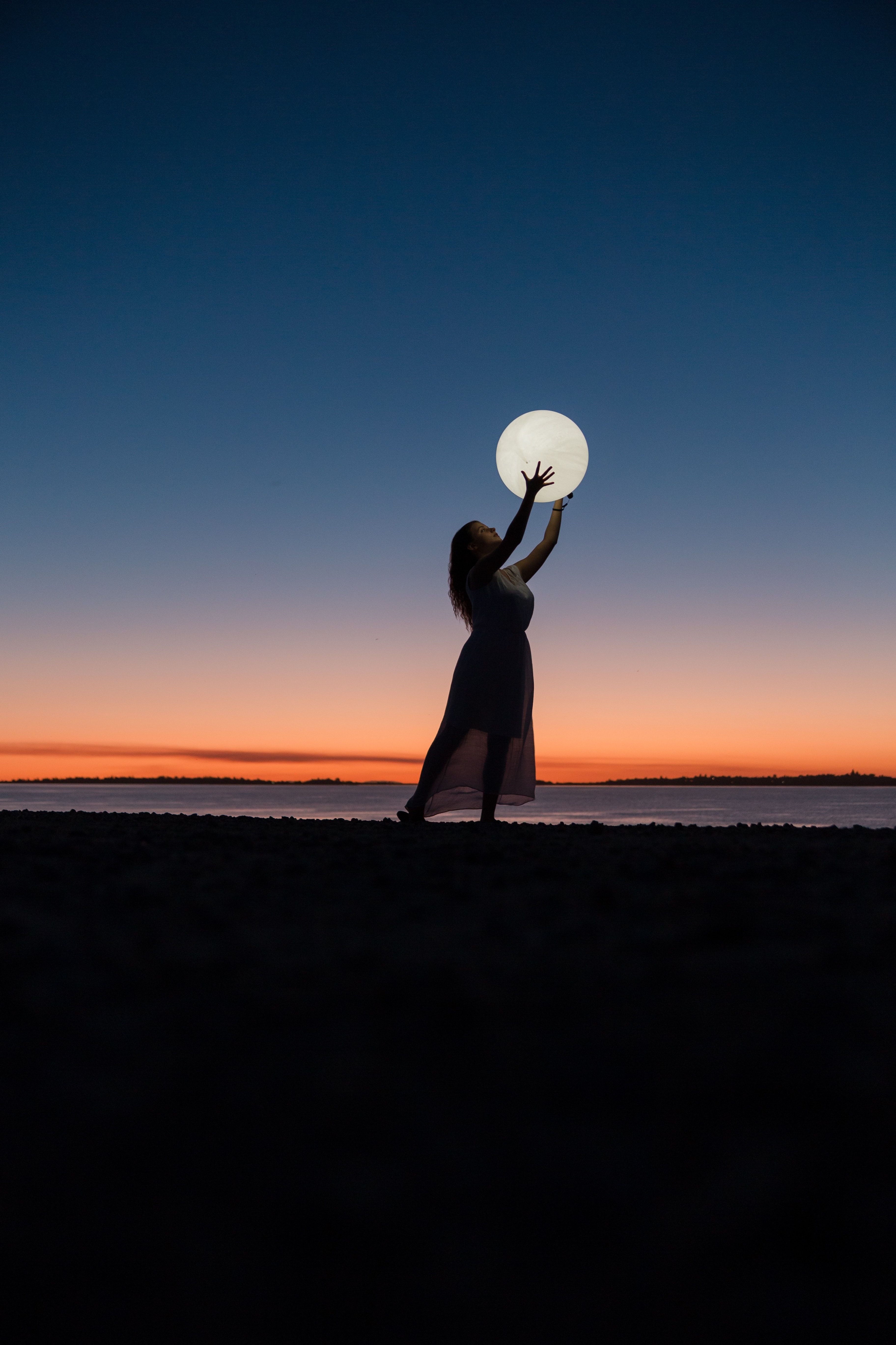 Girl 4K Wallpaper, Woman, Moon, Beach, Sunset, Photography