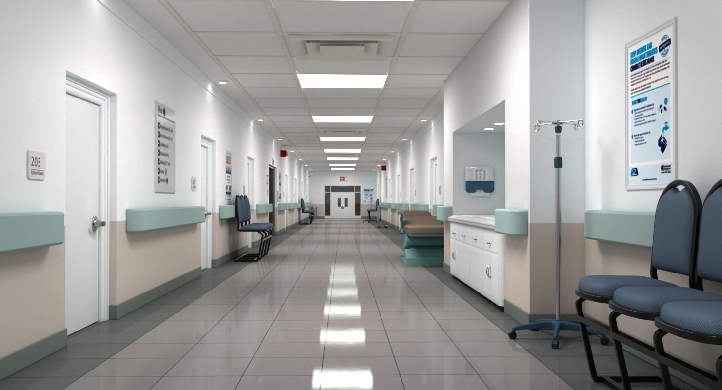 realistic hospital hallway 3D model. Hospital interior design, Hospital design, Hospital interior