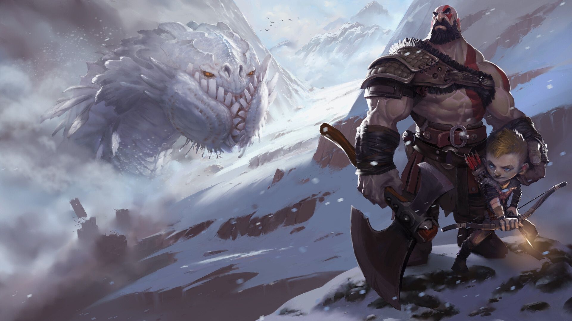 Wallpaper: Atreus, Creature, God of War, Kratos, Warrior, Art