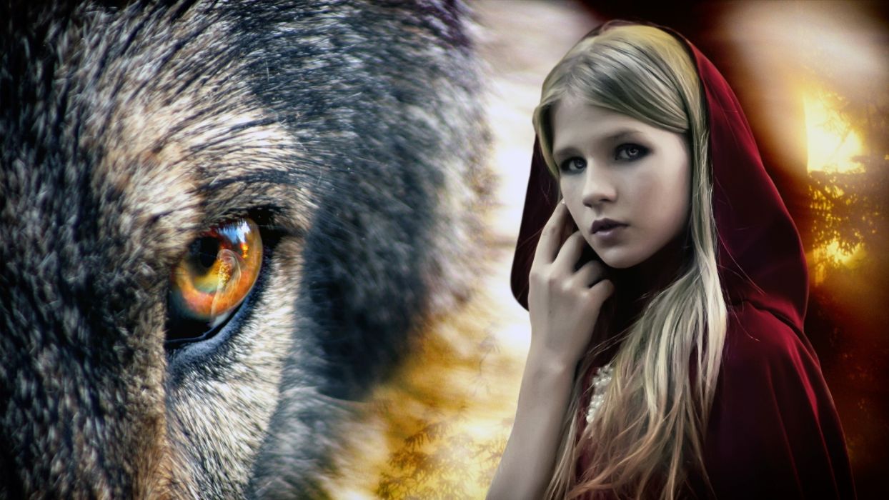 Red Riding Hood fantasy original artistic woman girl wolf wolves wallpaperx1080
