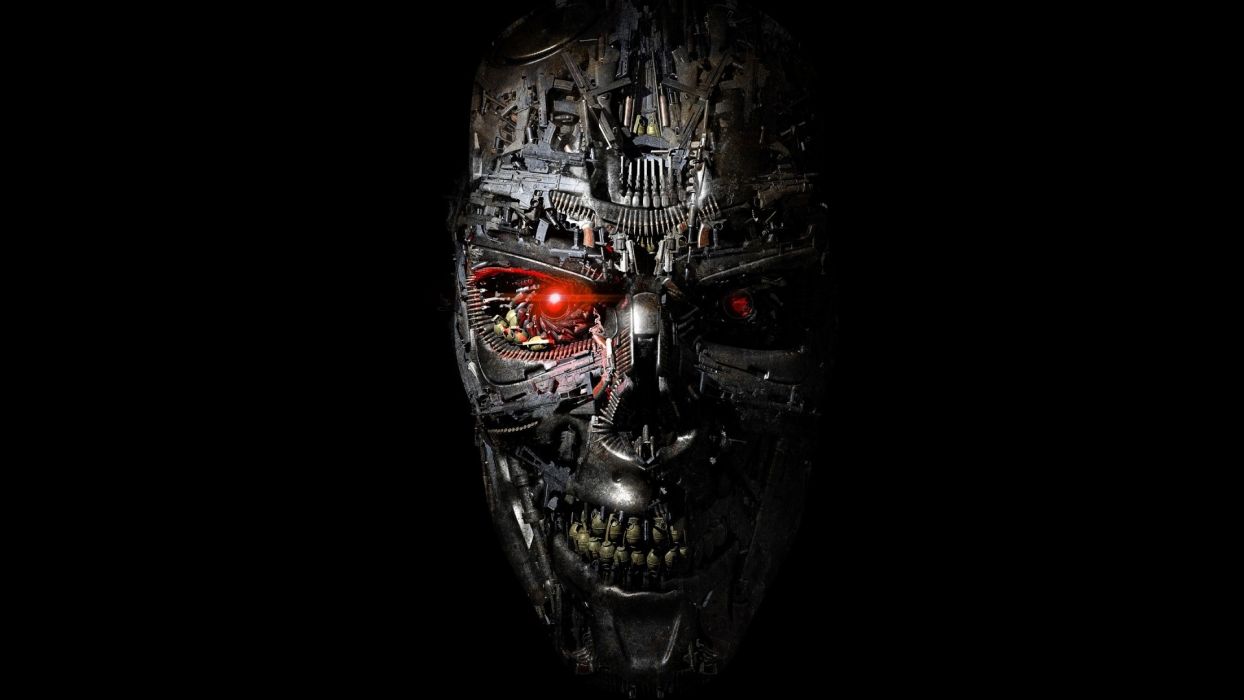 Style Terminator Genisys Robot Cyborg Face Red Eyes Science Fiction Metal Teeth Gears Steel Art Skull Machine T1000 Movies Wallpaperx1080