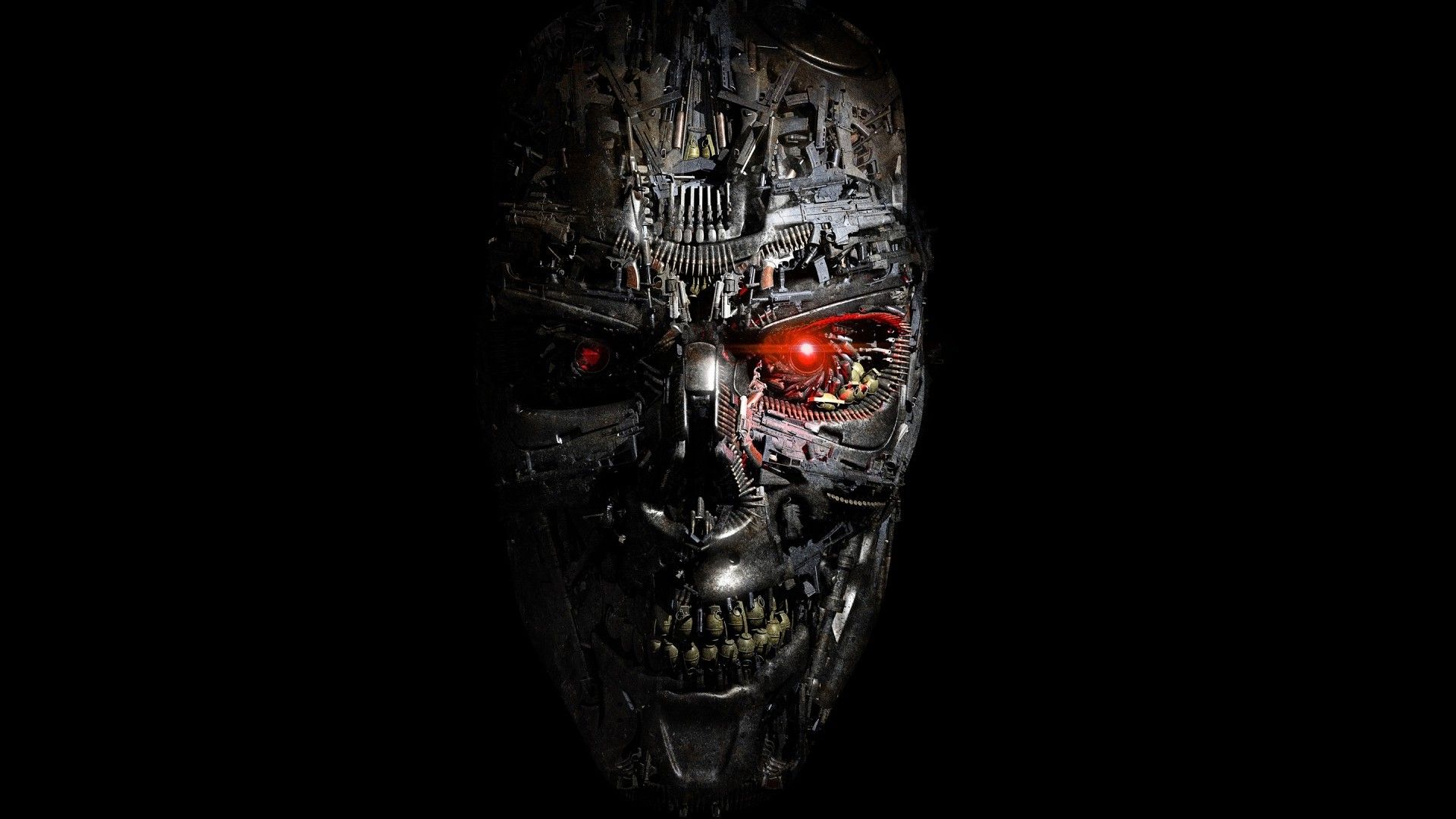 Terminator Genisys, Robot, Cyborg, Face, Red Eyes, Science Fiction, Black Background, Metal, Teeth, Gears, Steel, Digital Art, CGI, Artwork, Skull, Terminator, Machine, T 1000 Wallpaper HD / Desktop and Mobile Background