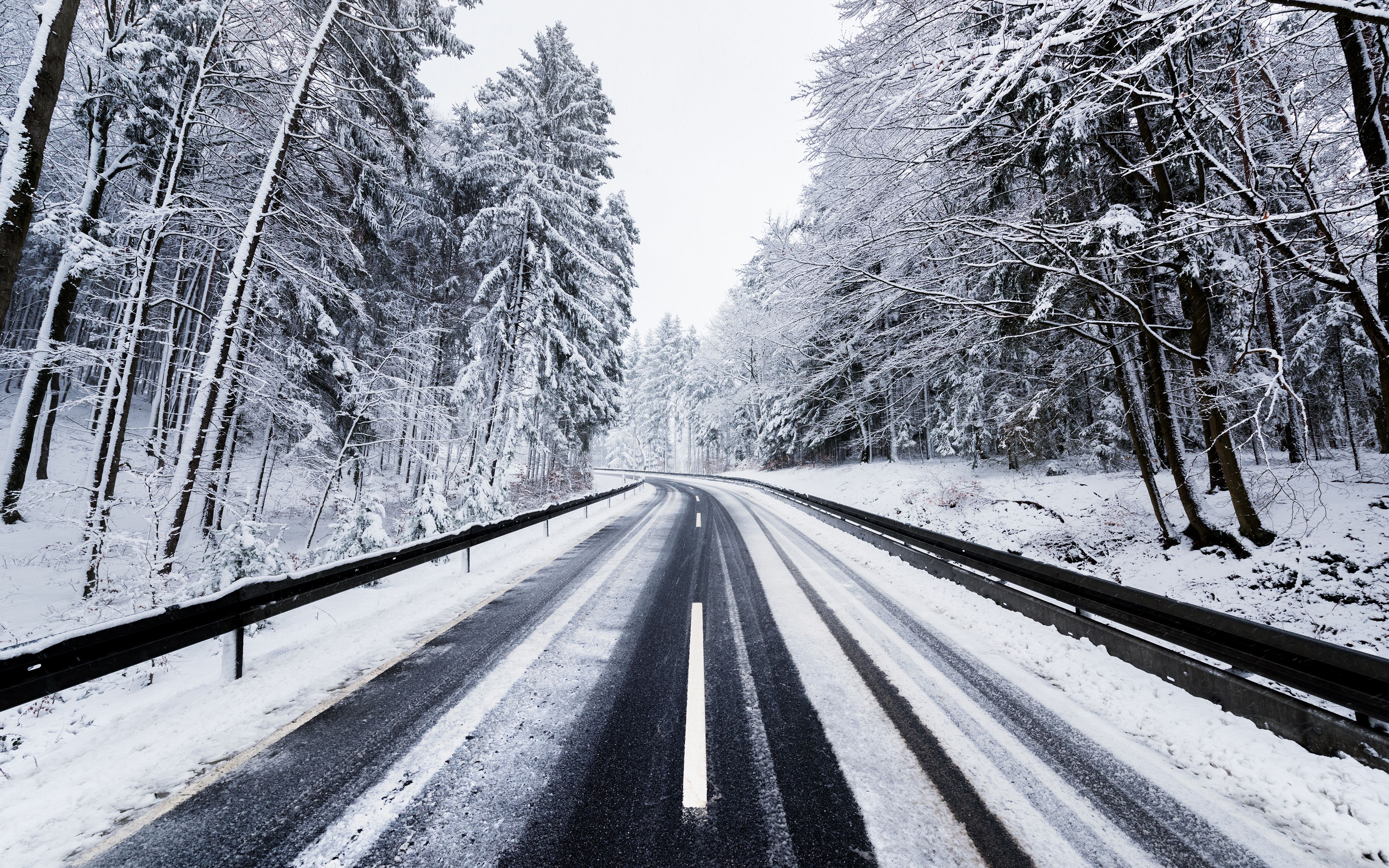 Winter 4K Wallpaper, Road, Forest, Snow covered, Trees, Nature