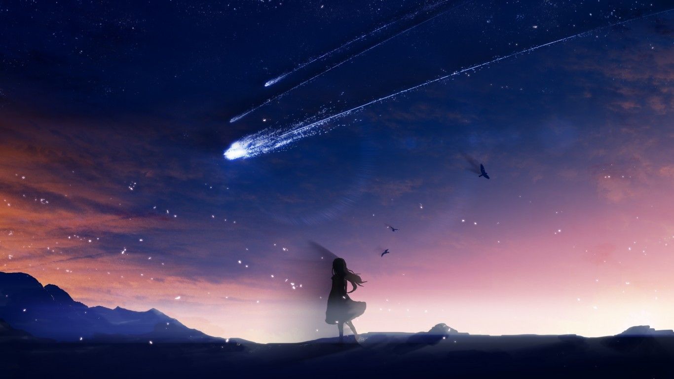 Download 1366x768 Anime Girl, Falling Stars, Scenic, Birds, Sky, Landscape Wallpapers for Laptop,Notebook