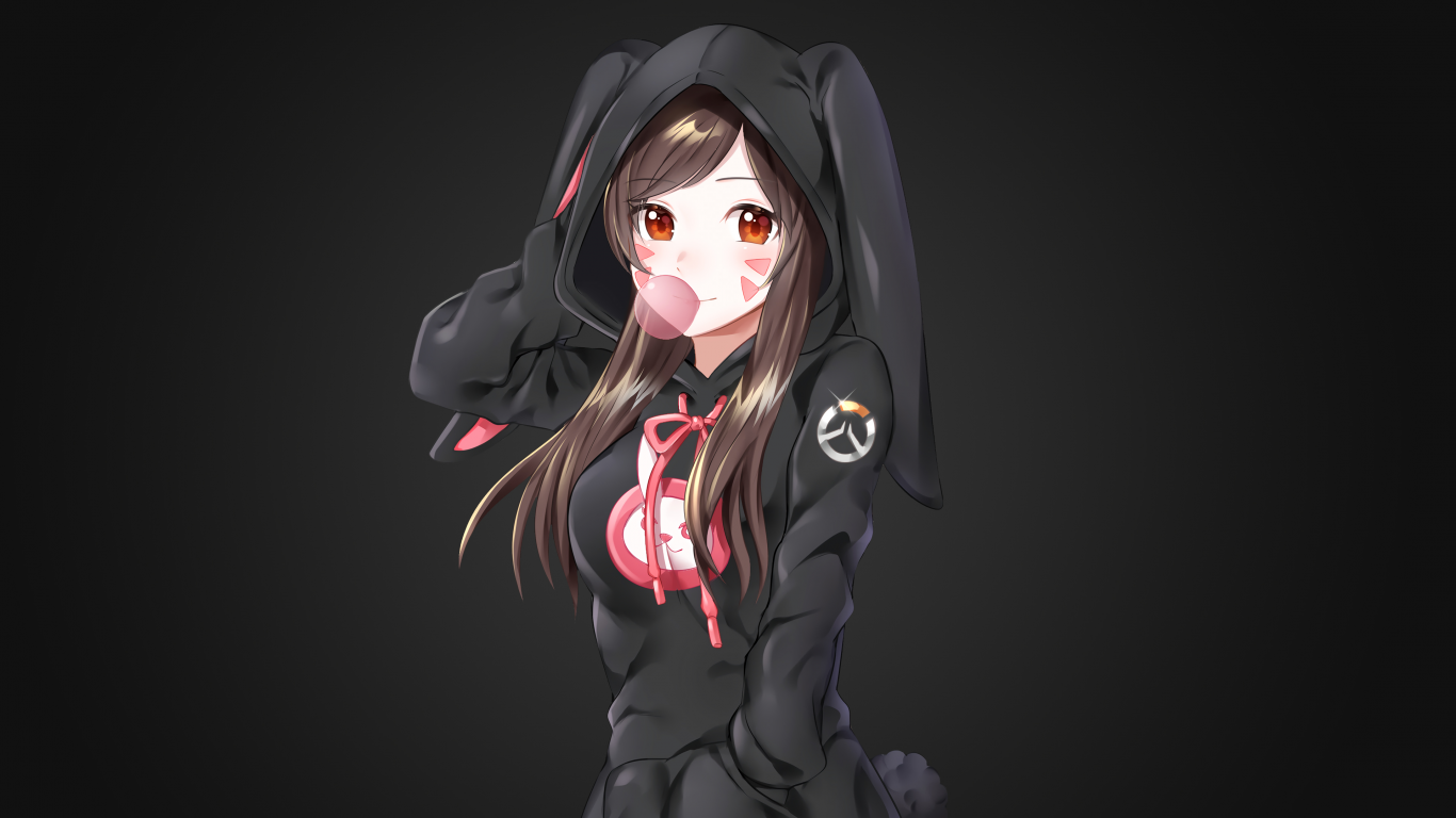 Download 1366x768 Overwatch, D.va, Bunny Costume, Smiling, Gum, Anime Style Wallpapers for Laptop,Notebook