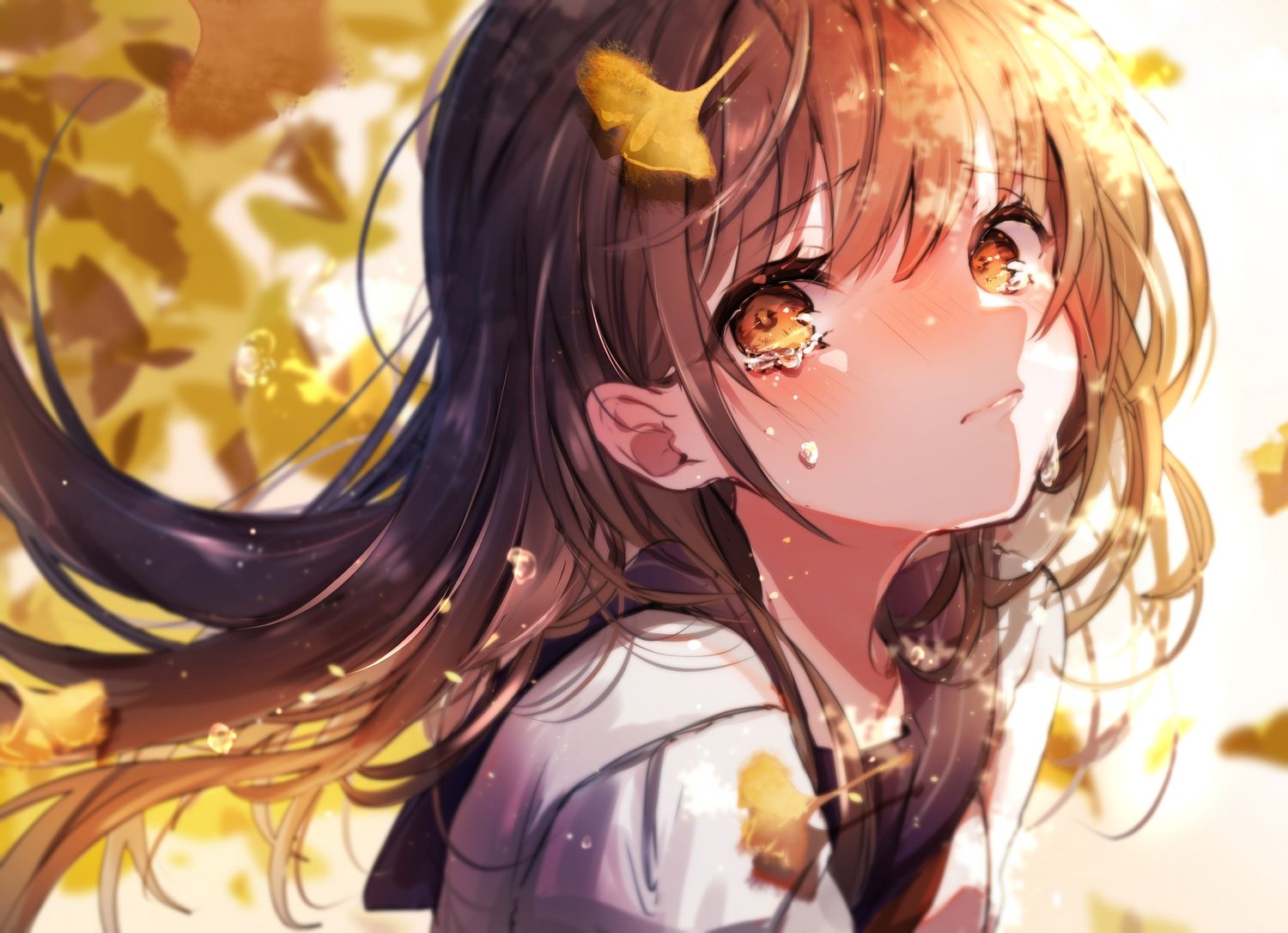 autumn brown eyes brown hair chigiri kurenai close leaves long hair original school uniform tears. konachan.com.com Anime Wallpaper