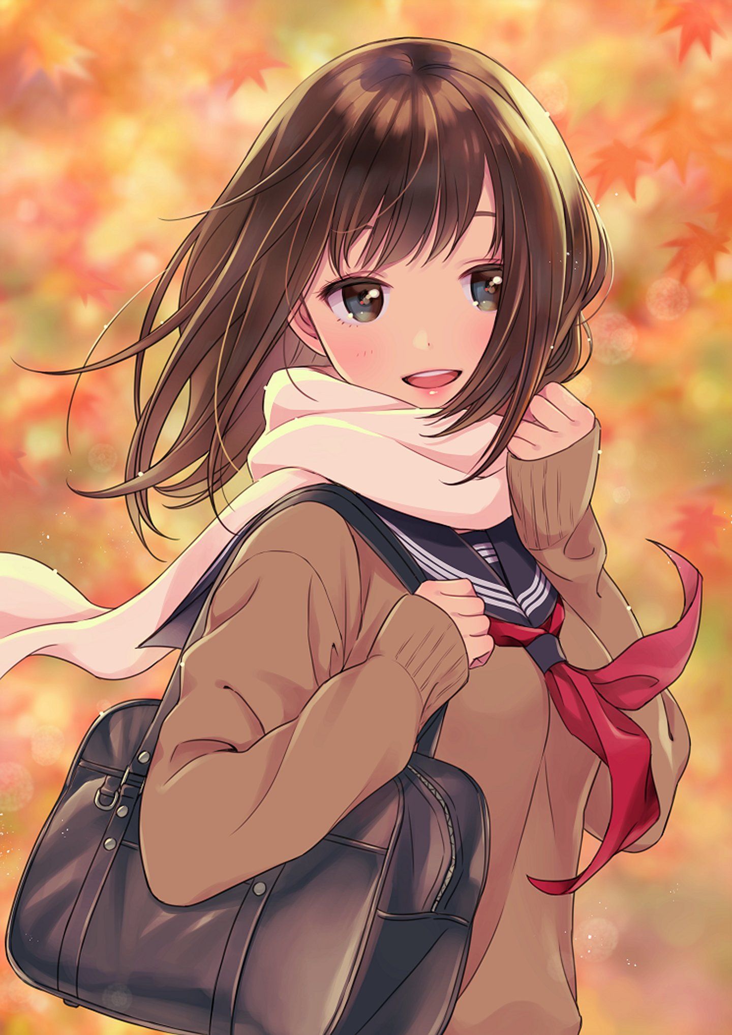 Anime girl beautiful autumn blush brown eyes brown hair happy scarf school bag seifuku short hair wallpaperx2035