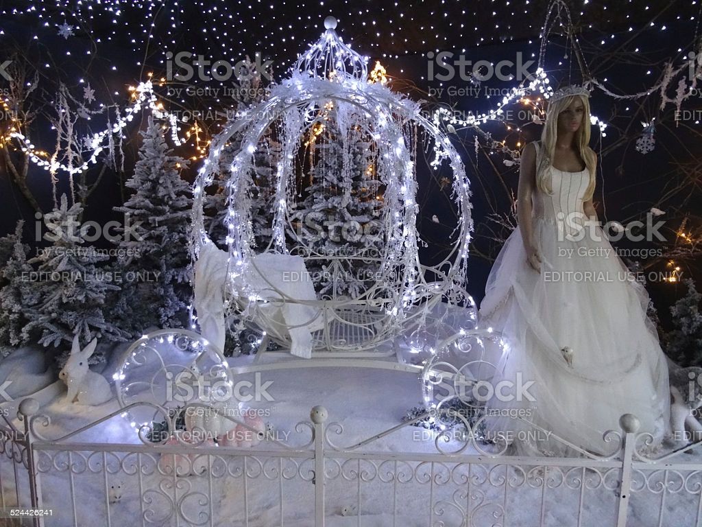 Christmas Winter Display Cinderella Princess With Pumpkin Carriage Snow Fairylights Image Now