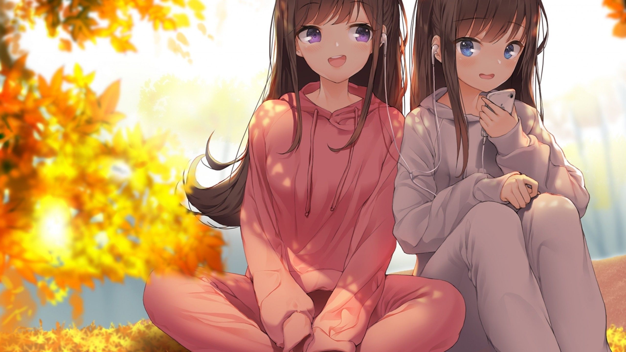 Download 2560x1440 Anime Girls, Brown Hair, Autumn, Smiling Wallpaper for iMac 27 inch