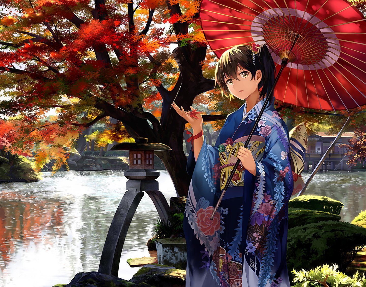 Anime girl anthropomorphism autumn brown hair kimono short hair side tail tree water yellow eyes wallpaperx1128