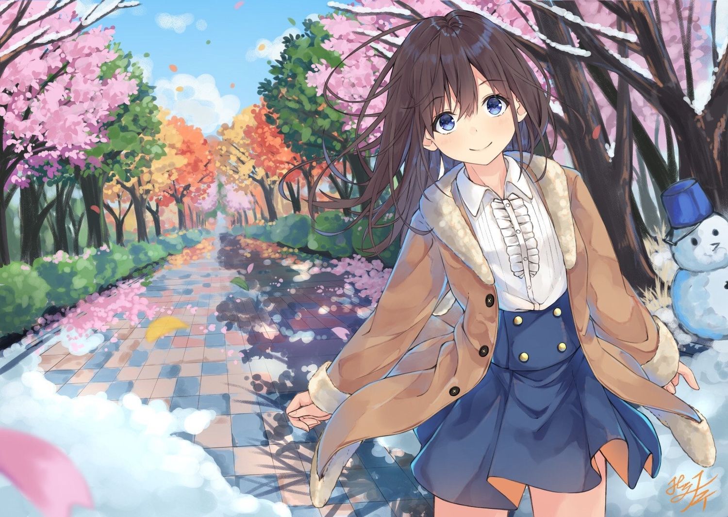 autumn blue eyes brown hair cherry blossoms flowers long hair miko fly original petals signed skirt snow snowman spring summer tree winter. konachan.com.com Anime Wallpaper