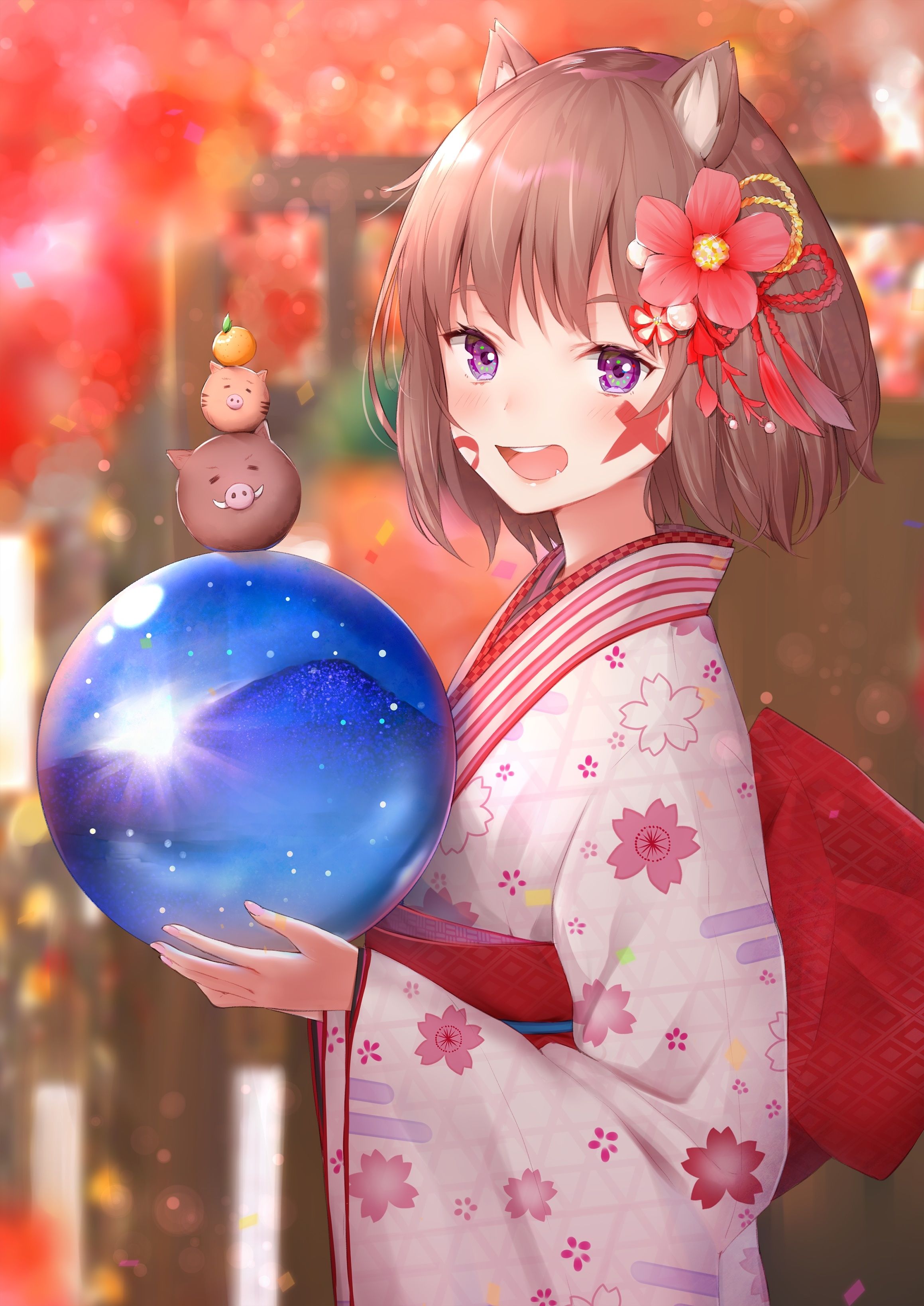 Download 2318x3278 Cute Anime Girl, Brown Hair, Smiling, Animal Ears, Kimono, Festival, Autumn Wallpaper