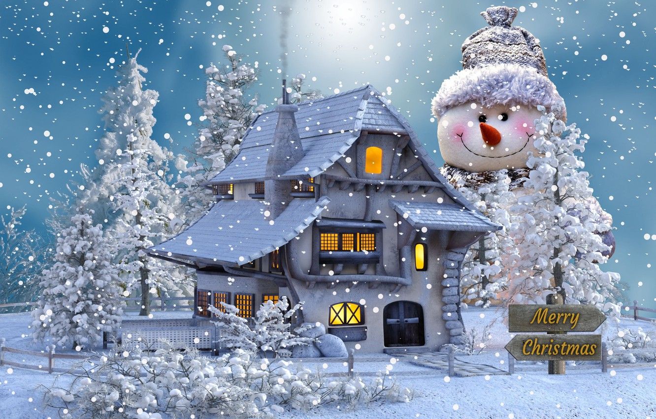 Wallpaper winter, snow, trees, Christmas, snowman, Christmas motif image for desktop, section пейзажи