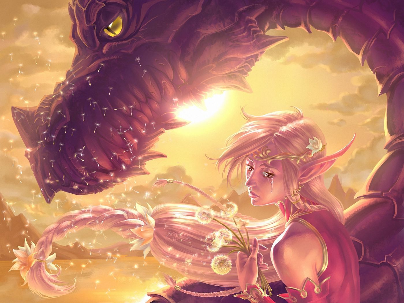 Download wallpaper 1400x1050 elf, dungeons and dragons, dragon, art standard 4:3 HD background