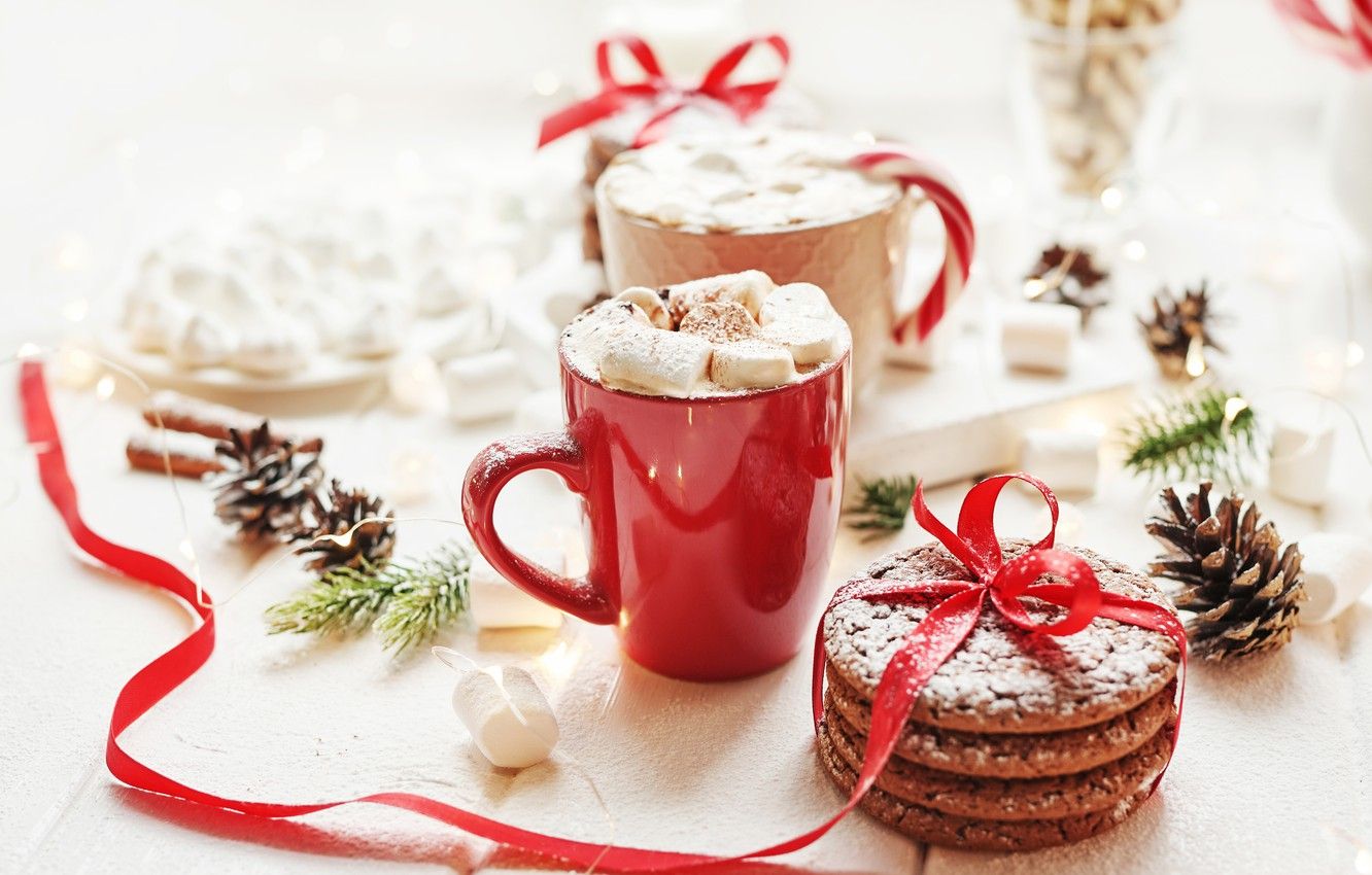 Wallpaper holiday, cookies, tape, Cup, bumps, hot chocolate, marshmallows image for desktop, section новый год