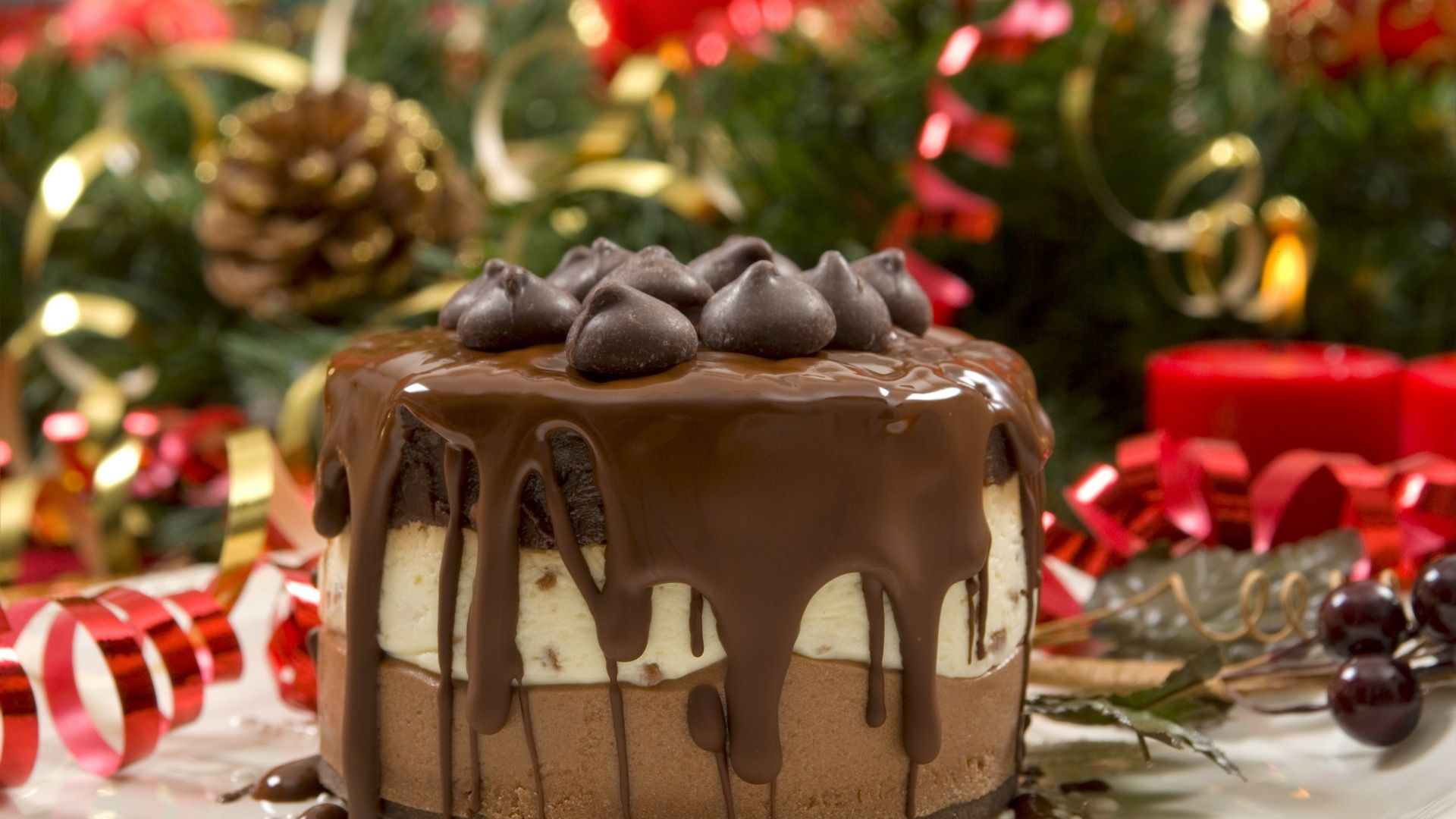 Wallpaper desserts, christmas, chocolate and cream cake, gifts