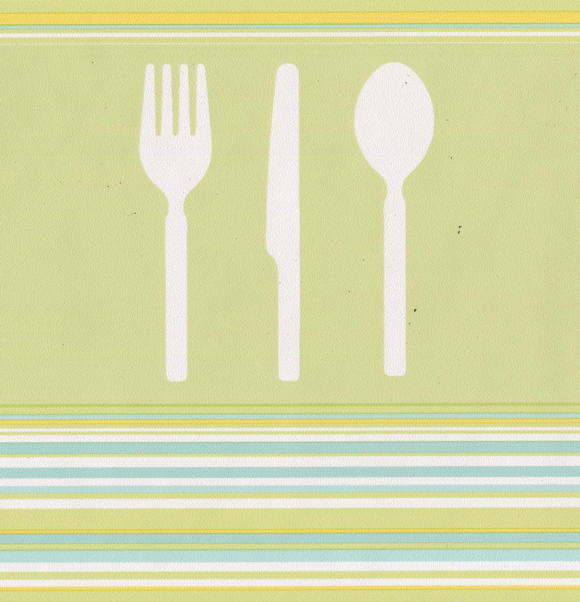 White Fork Knife Spoon Olive Green Kitchen Wallpaper Border Retro Design, Roll 15' x 7''
