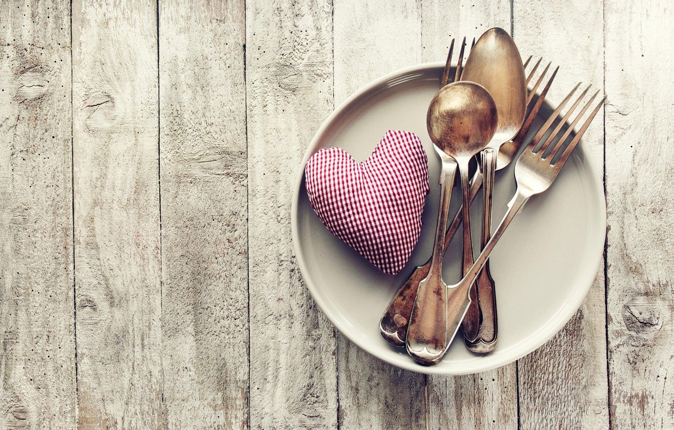 Wallpaper plate, hearts, love, heart, romantic, fork, spoon, valentine`s day image for desktop, section праздники