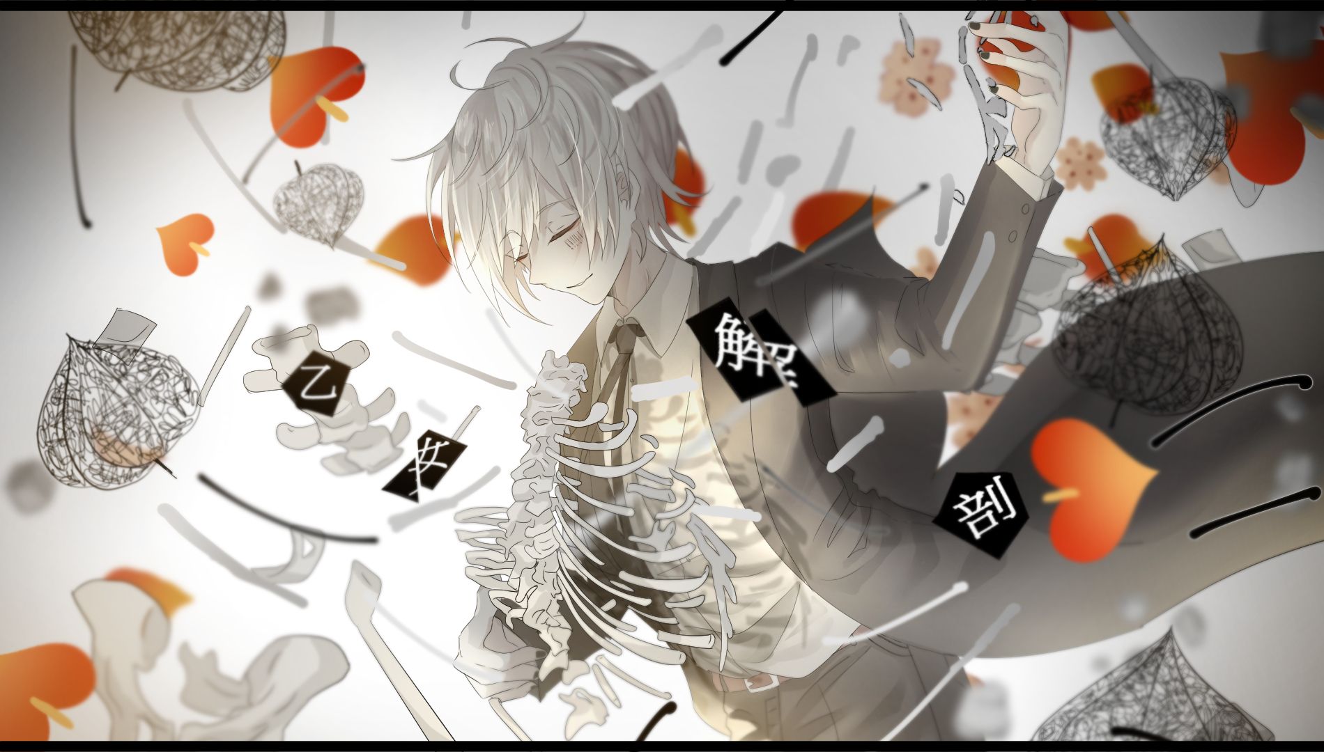 Utaite, white hair, Japanese characters, skeleton, Vocaloid, petals, smiling, bones, Male, barcode, suitsx1080 Wallpaper