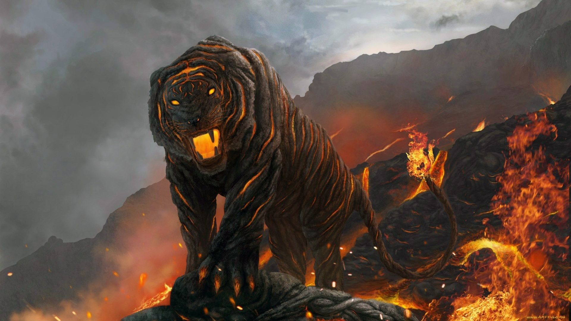 tiger, lava, volcano, fire. Tiger art, Fantasy creatures, Magical creatures