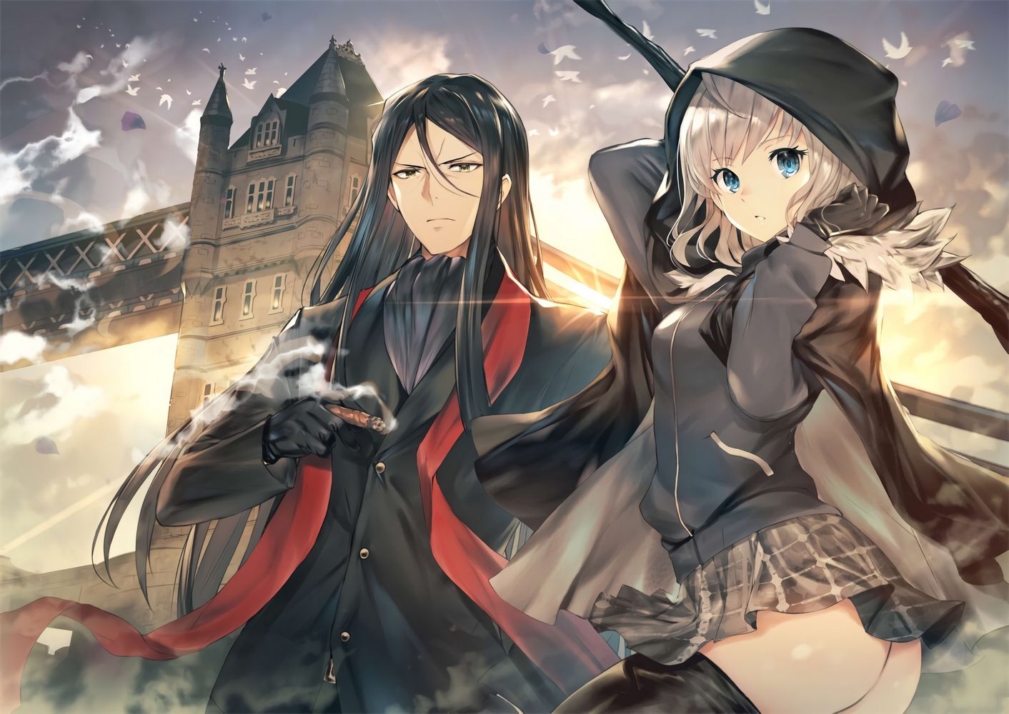Aqua Eyes Ass Black Hair Blonde Hair Blue Eyes Building Cape Clouds Fate (series) Gloves Gray (lord El Melloi Ii) Hoodie Khanshin Long Hair Lord El Melloi Ii Lord El Melloi Ii Case Files Male