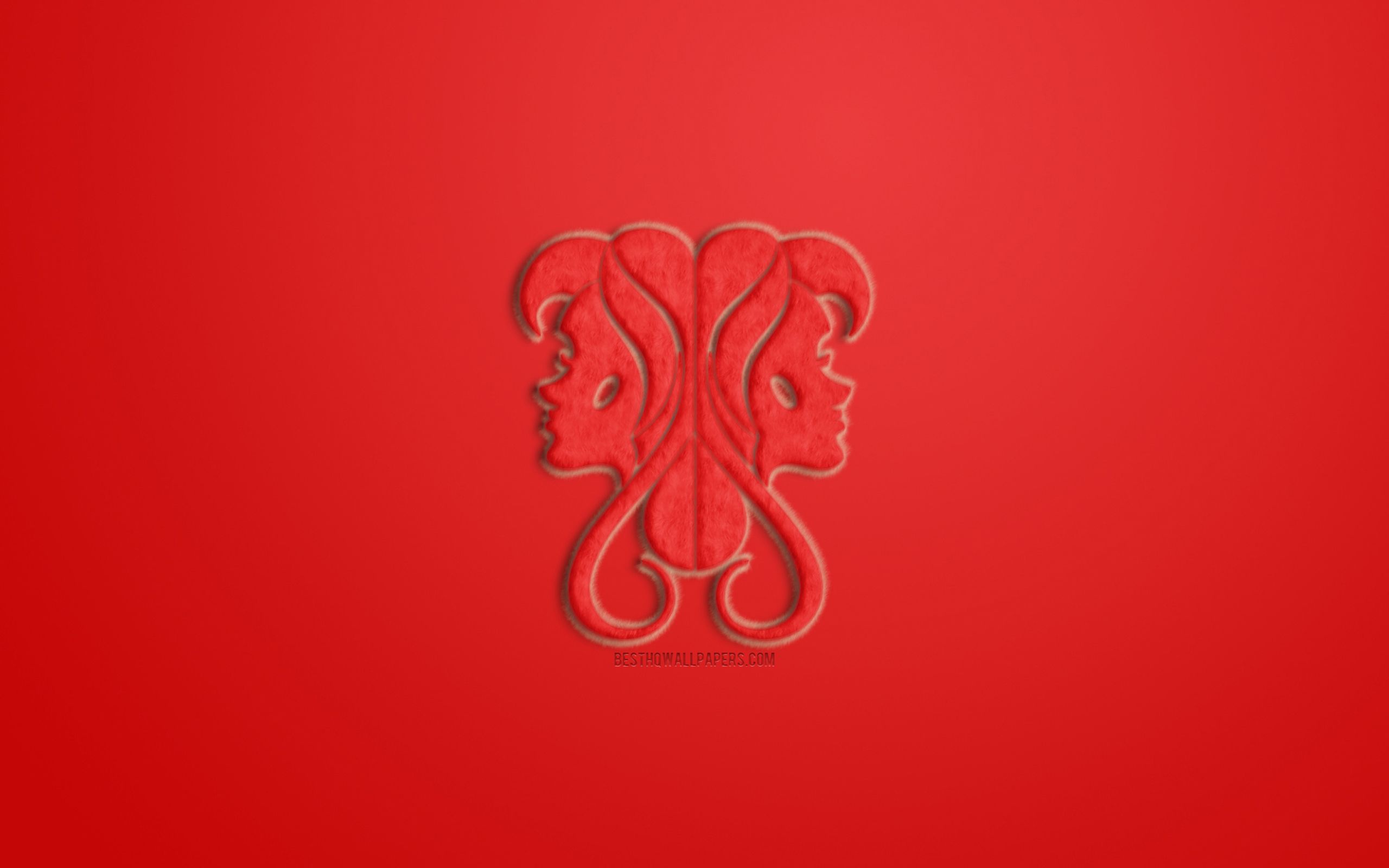 Download wallpaper Gemini Zodiac Sign, red fur sign, horoscope signs, zodiac signs, Gemini Sign, astrological sign, Gemini, red background for desktop with resolution 2560x1600. High Quality HD picture wallpaper