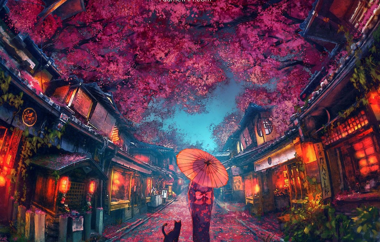 Wallpaper umbrella, Japan, girl, kimono, the light in the Windows, evening city, the red lanterns, black cat, the cherry blossoms, city street, by Yuumei image for desktop, section арт