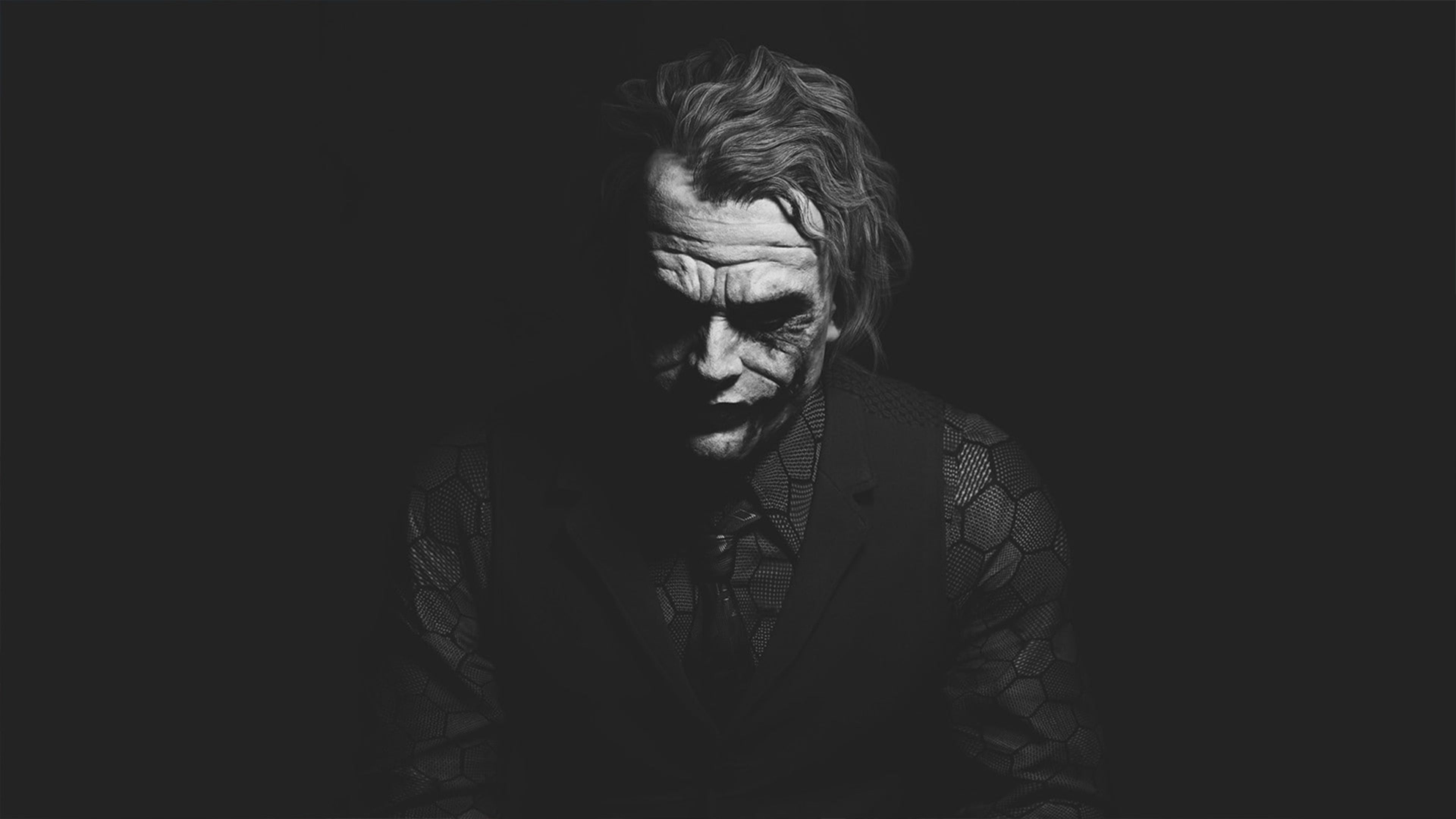 Heath Ledger Joker Black & White Dark Background 4K, 5K, 8K, Desktop & Mobile Background Wallpaper