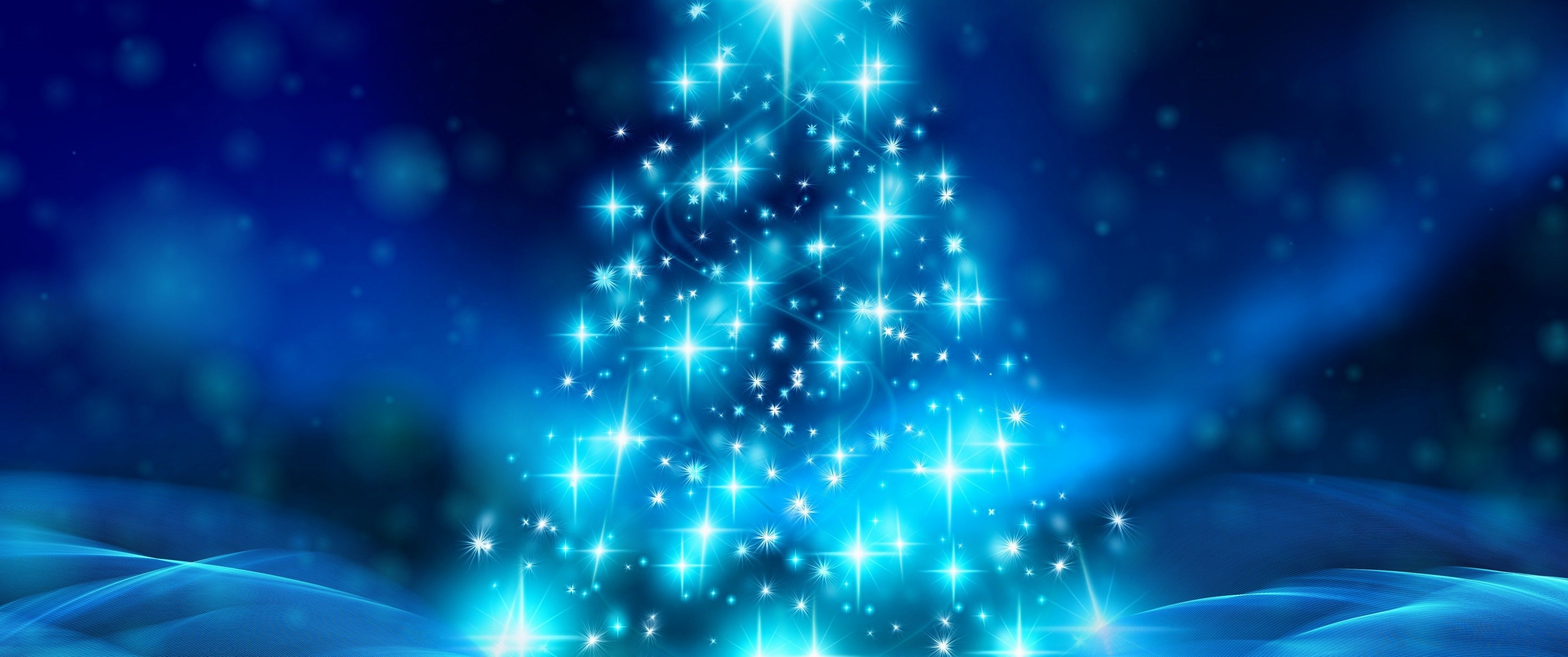 Download 3440x1440 Blue Christmas Tree, Happy New Year 2019 Wallpaper