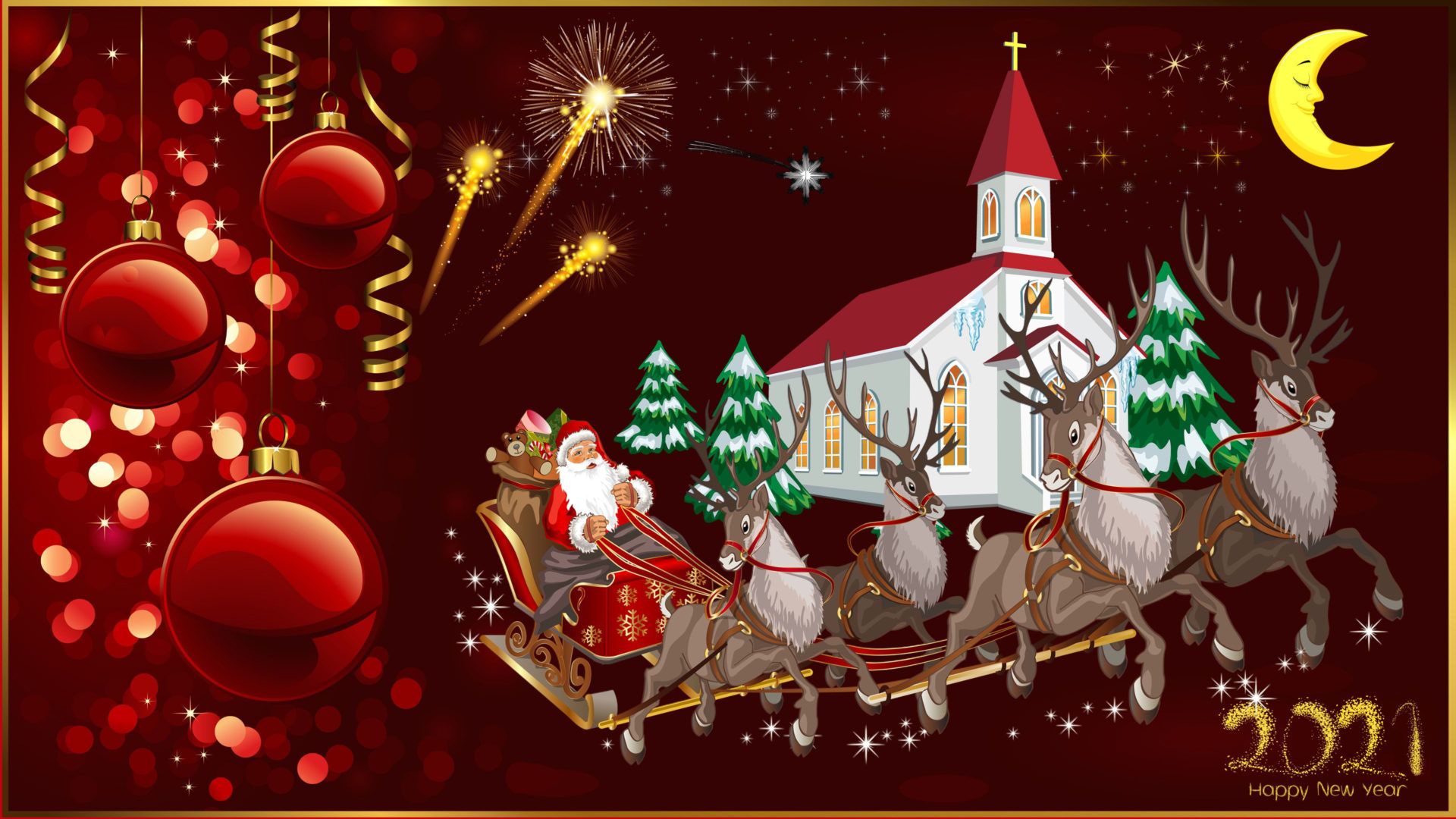 Happy New Year 2021 Merry Christmas Christmas Greeting Card Santa Claus And Reindeer Church Christmas Decorations Fireworks Moon HD Desktop Wallpaper For Computers Laptop Tablet And Mobile Phones, Wallpaper13.com
