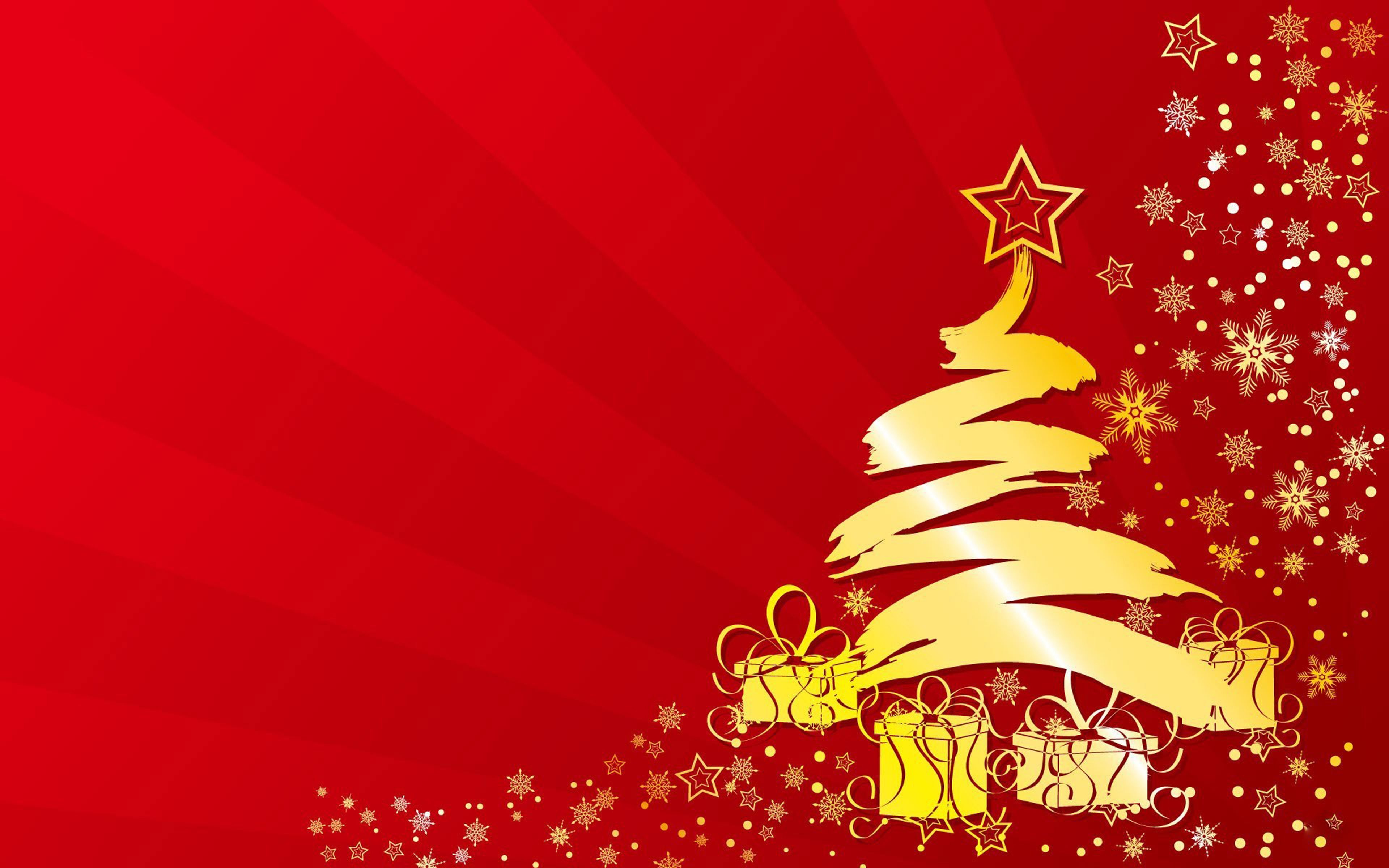 Merry Christmas Yellow Christmas Tree Stars Gifts Winter Abstract Red Wallpaper HD 3840x2400, Wallpaper13.com