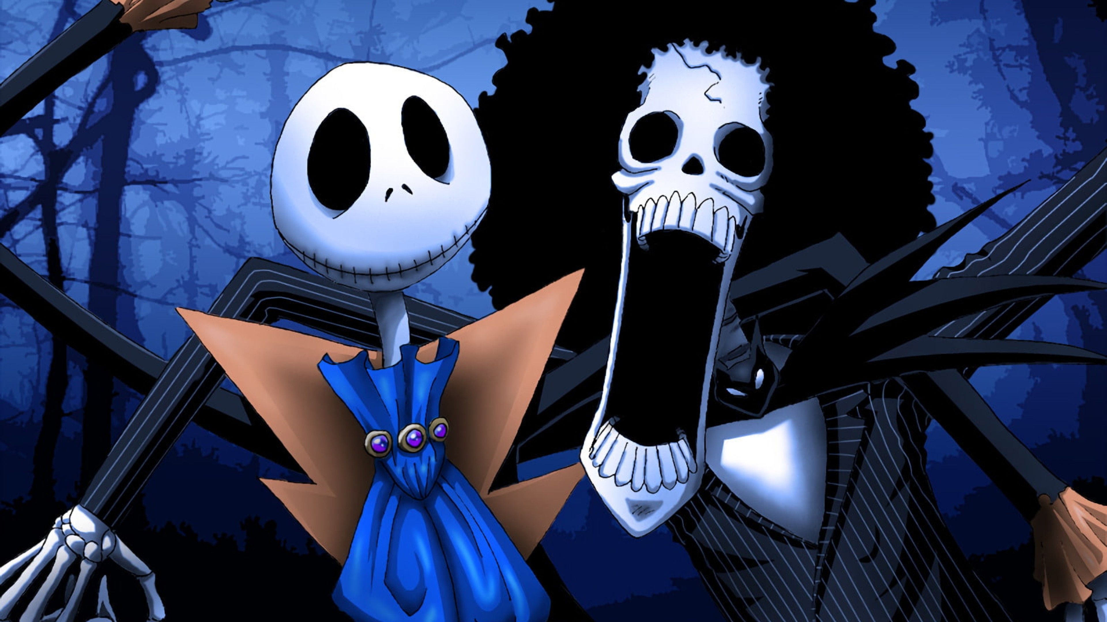 Anime Crossover Brook (One Piece) Jack Skellington The Nightmare Before Christmas With Blue Background 4K HD Movies Wallpaper