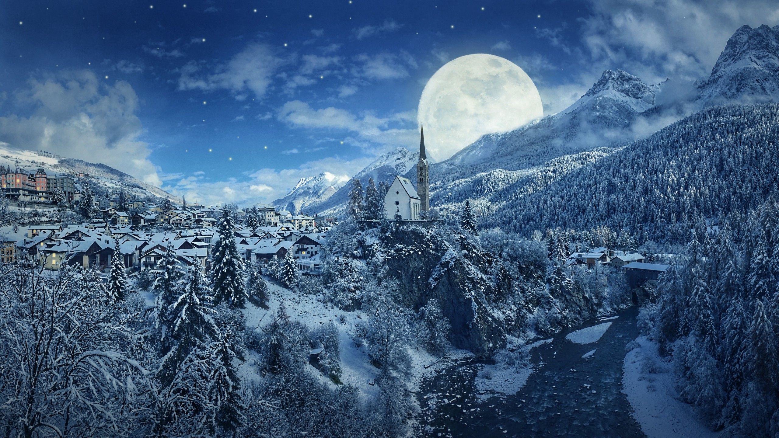Winter Wallpaper 4K, Moon, Frozen, Forest, Village, Snowfall, 5K, Nature