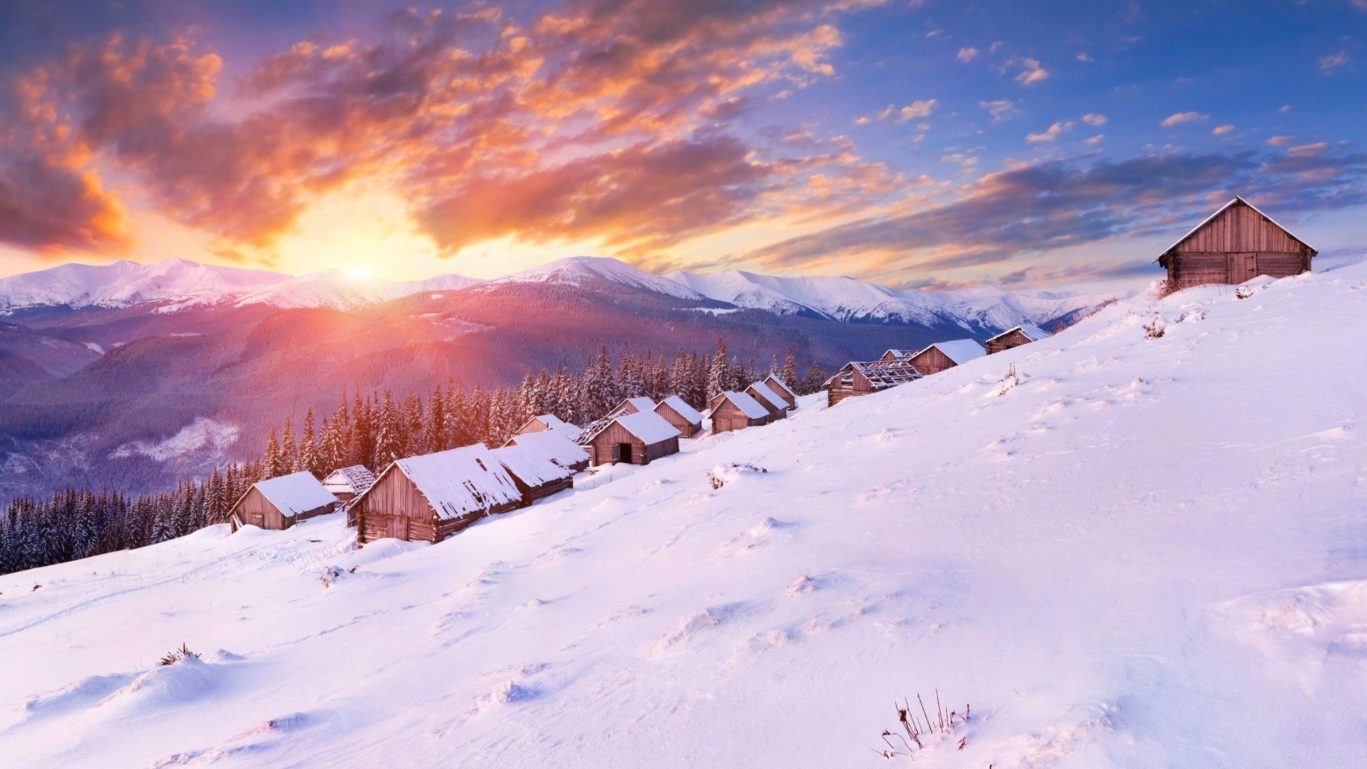 Wallpaper Mountains, 5k, 4k wallpaper, hills, sunset, snow, winter, house, OS