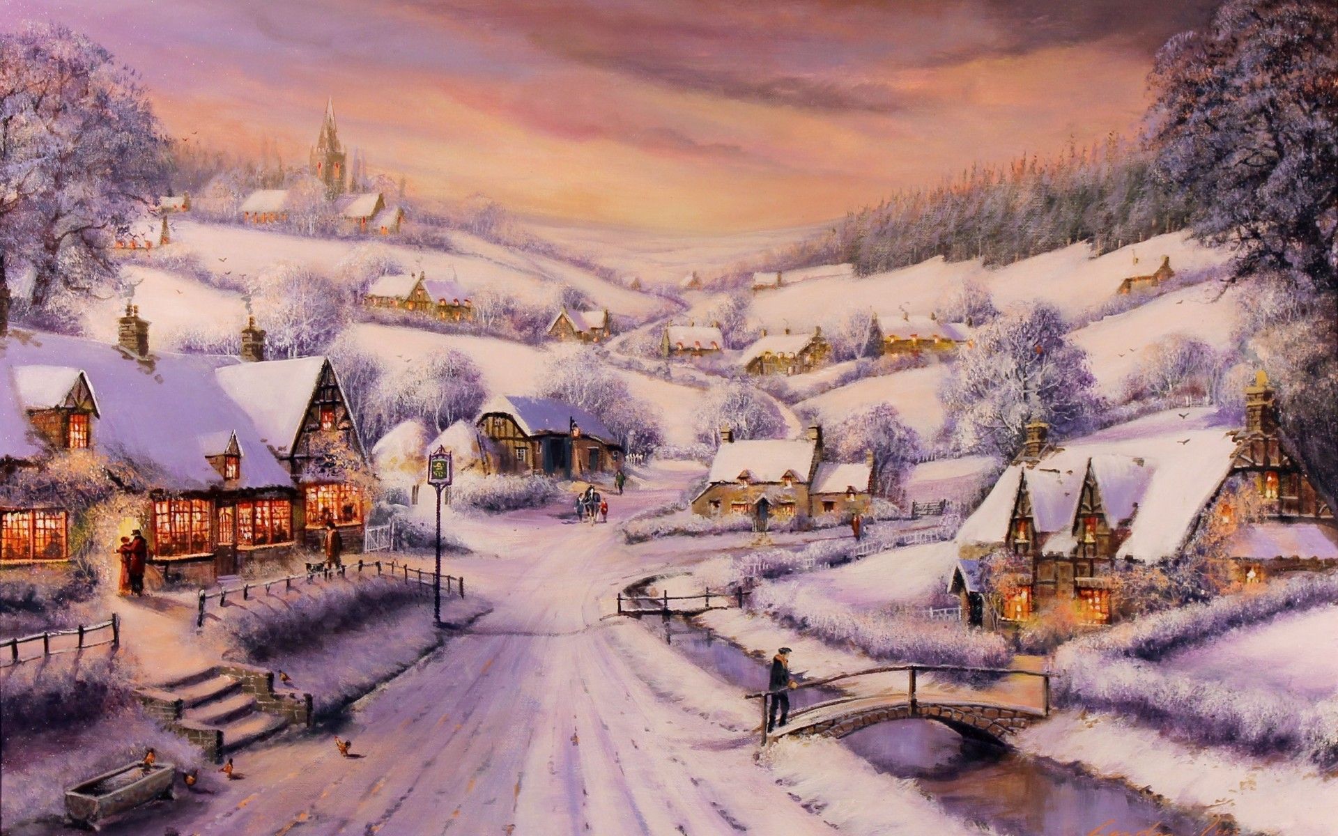 gordon, Lees, Art, Paintings, Christmas, Snow, Houses, Rustic, People, Town Wallpaper HD / Desktop and Mobile Background