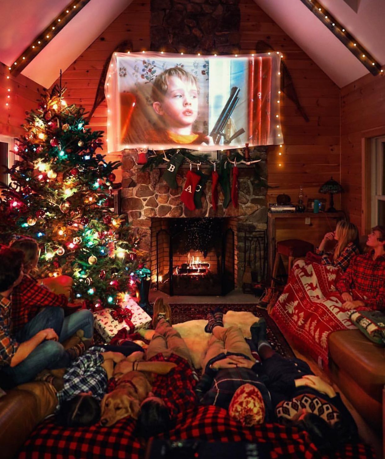 movie night in front the Christmas tree and fireplace, source unknown. Cozy christmas, Christmas wallpaper, Christmas lights