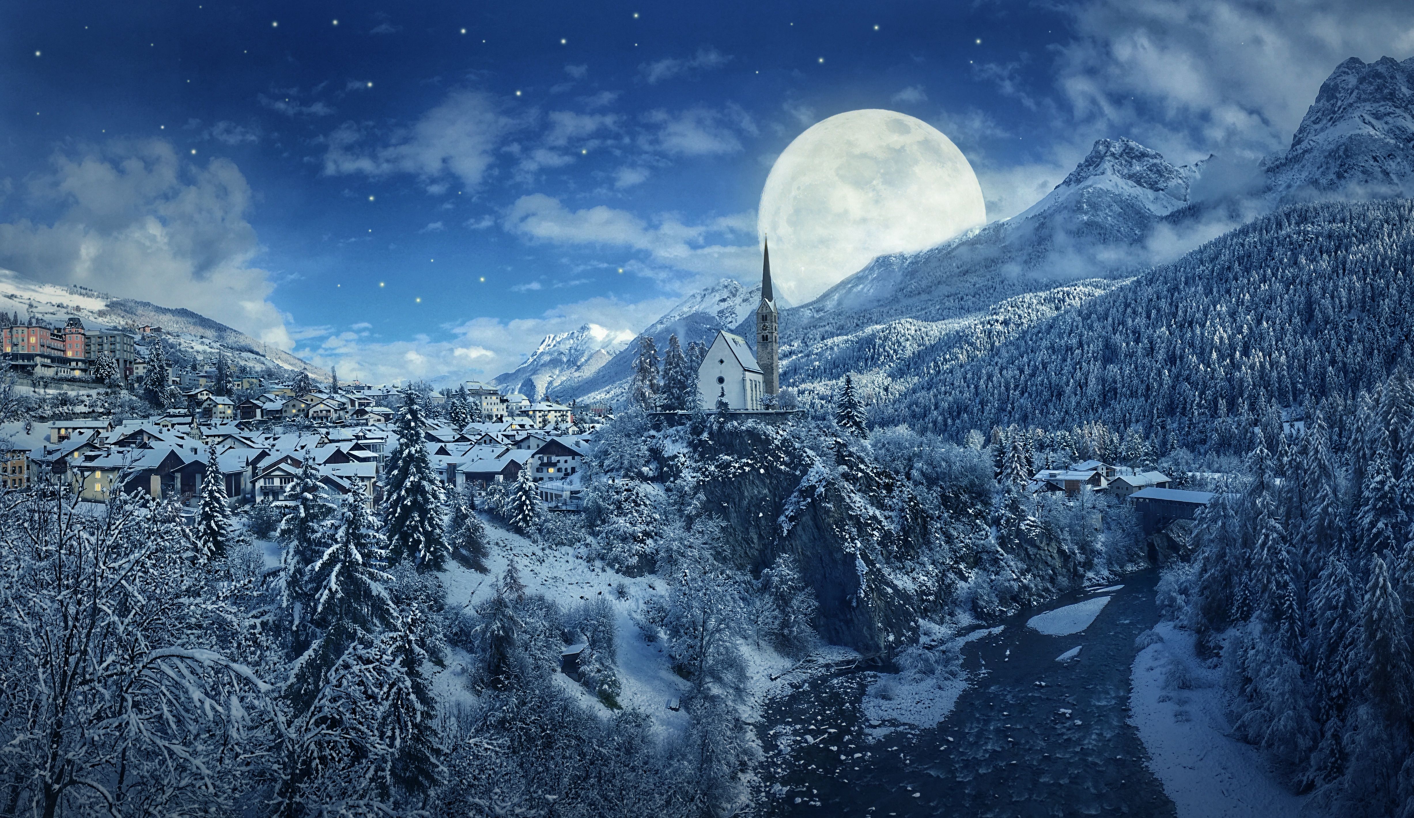 Winter 4K Wallpaper, Moon, Frozen, Forest, Village, Snowfall, 5K, Nature