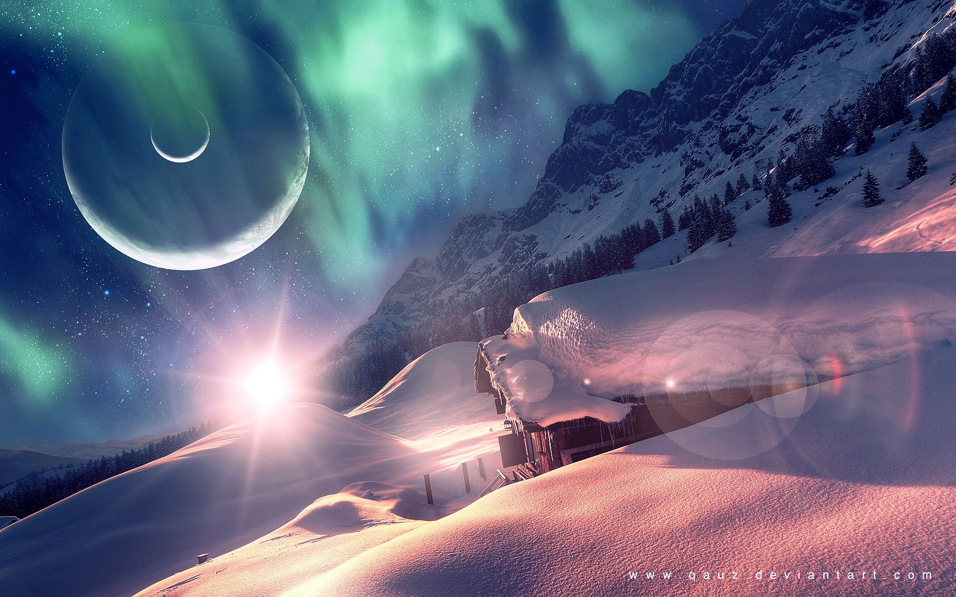 Aurora Borealis Northern Lights Cabin Snow Winter Planets Stars Trees sky fantasy buildings hou. Aurora borealis northern lights, Northern lights, Aurora borealis