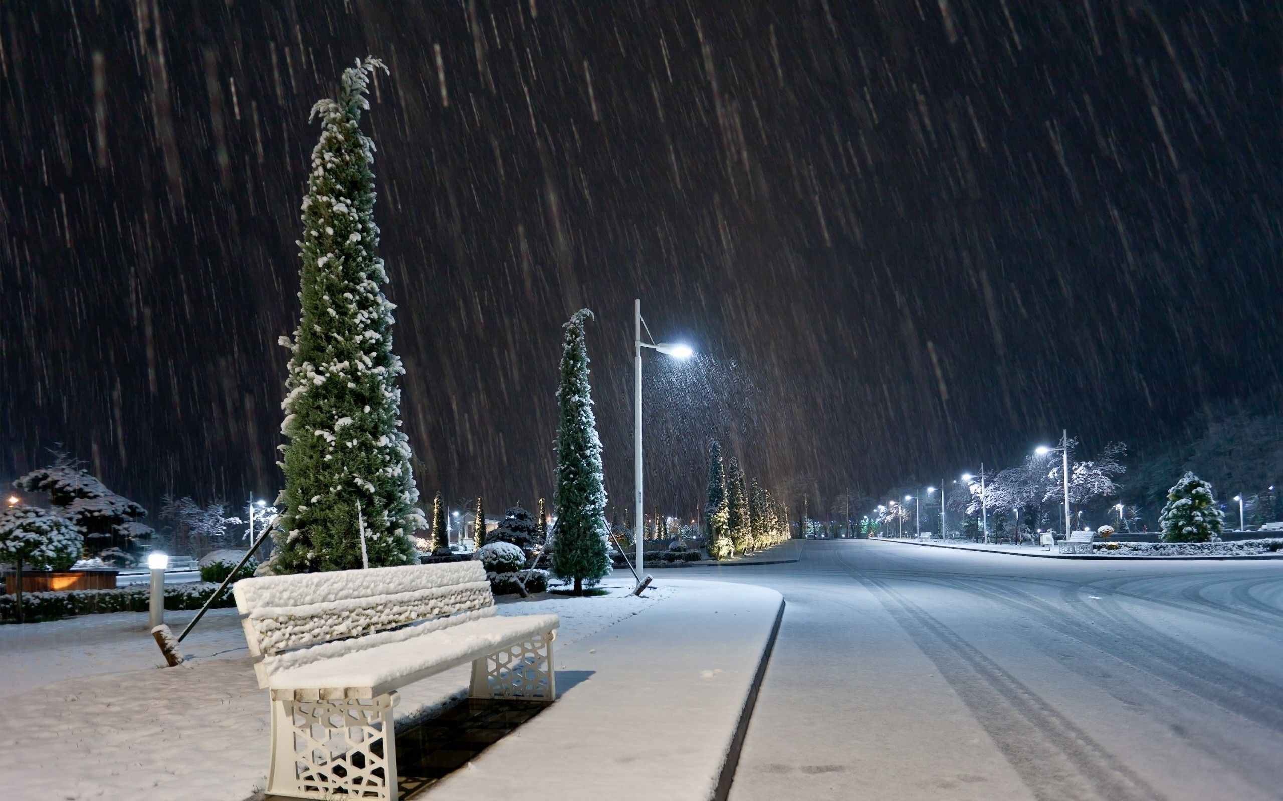 Snow night on a city street wallpaper and image, picture, photo