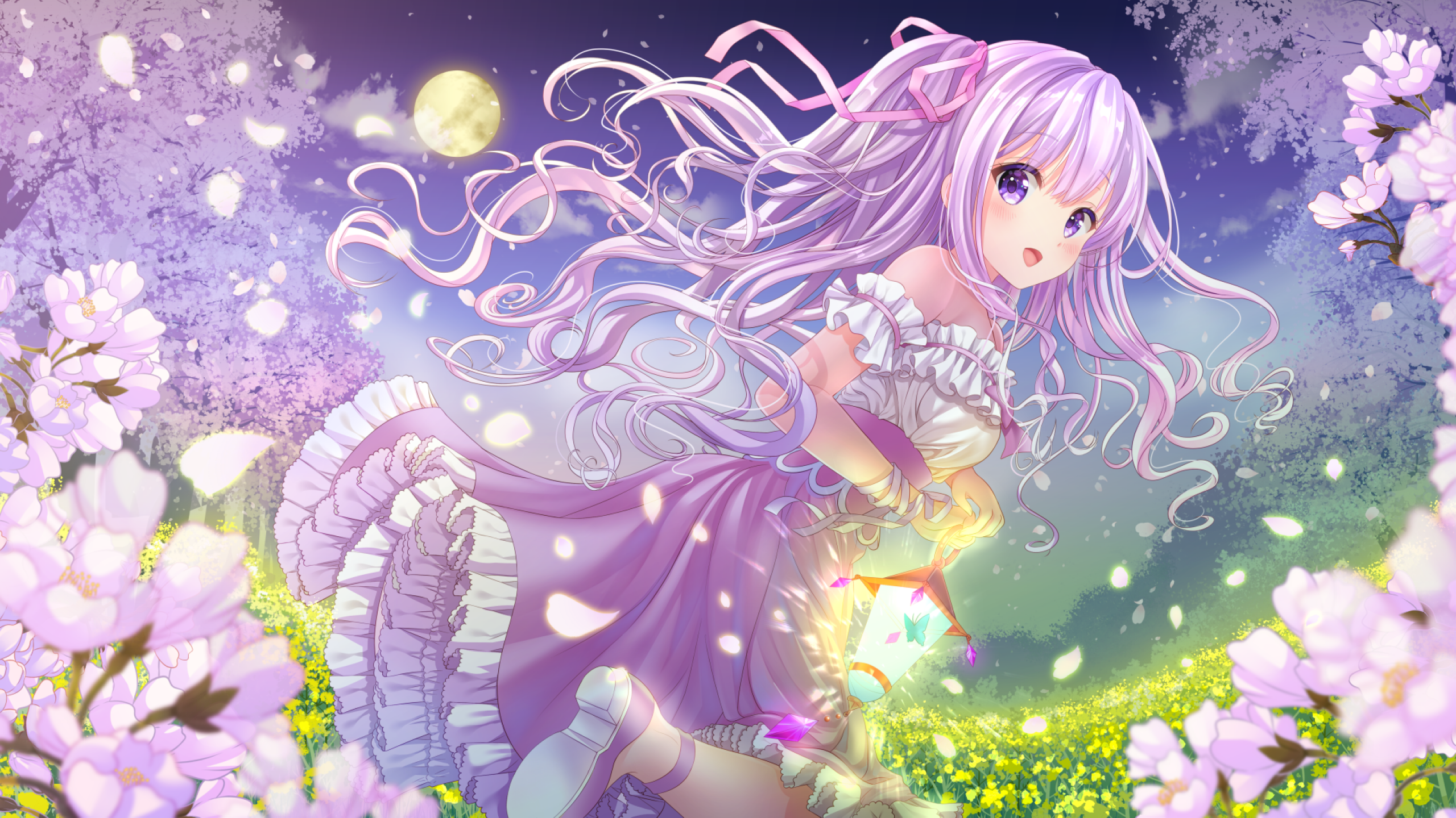 Download 2560x1440 Anime Girl, Purple Hair, Moon, Petals, Blossom, Dress, Smiling Wallpaper for iMac 27 inch