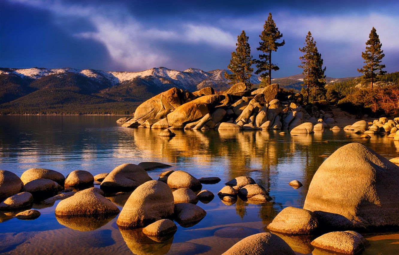Wallpaper trees, landscape, mountains, nature, lake, stones, USA, Sierra Nevada, Tahoe, Lake Tahoe image for desktop, section пейзажи