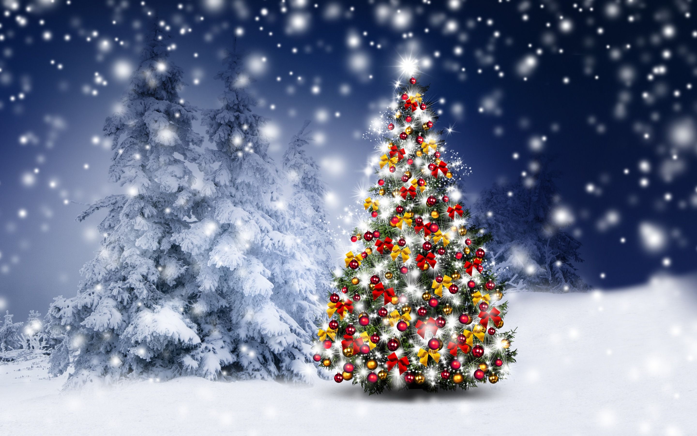 Download wallpaper Merry Christmas, winter, new year, snow, forest, Christmas tree, Xmas for desktop with resolution 2880x1800. High Quality HD picture wallpaper